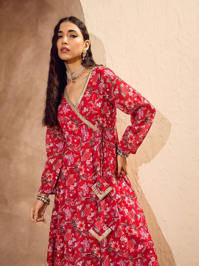 Women Red Floral Wrap Anarkali Kurta With Palazzos