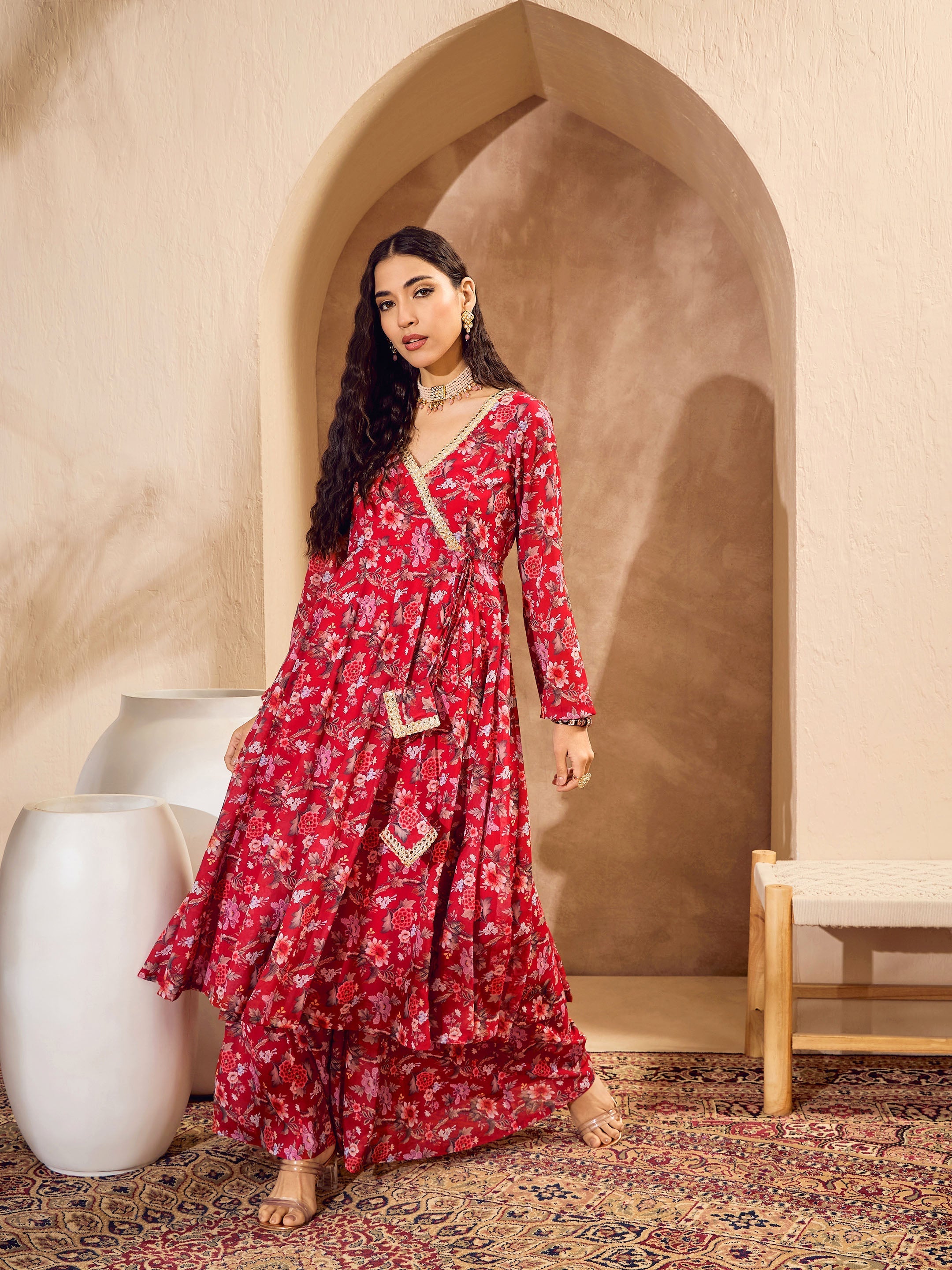 Women Red Floral Wrap Anarkali Kurta With Palazzos