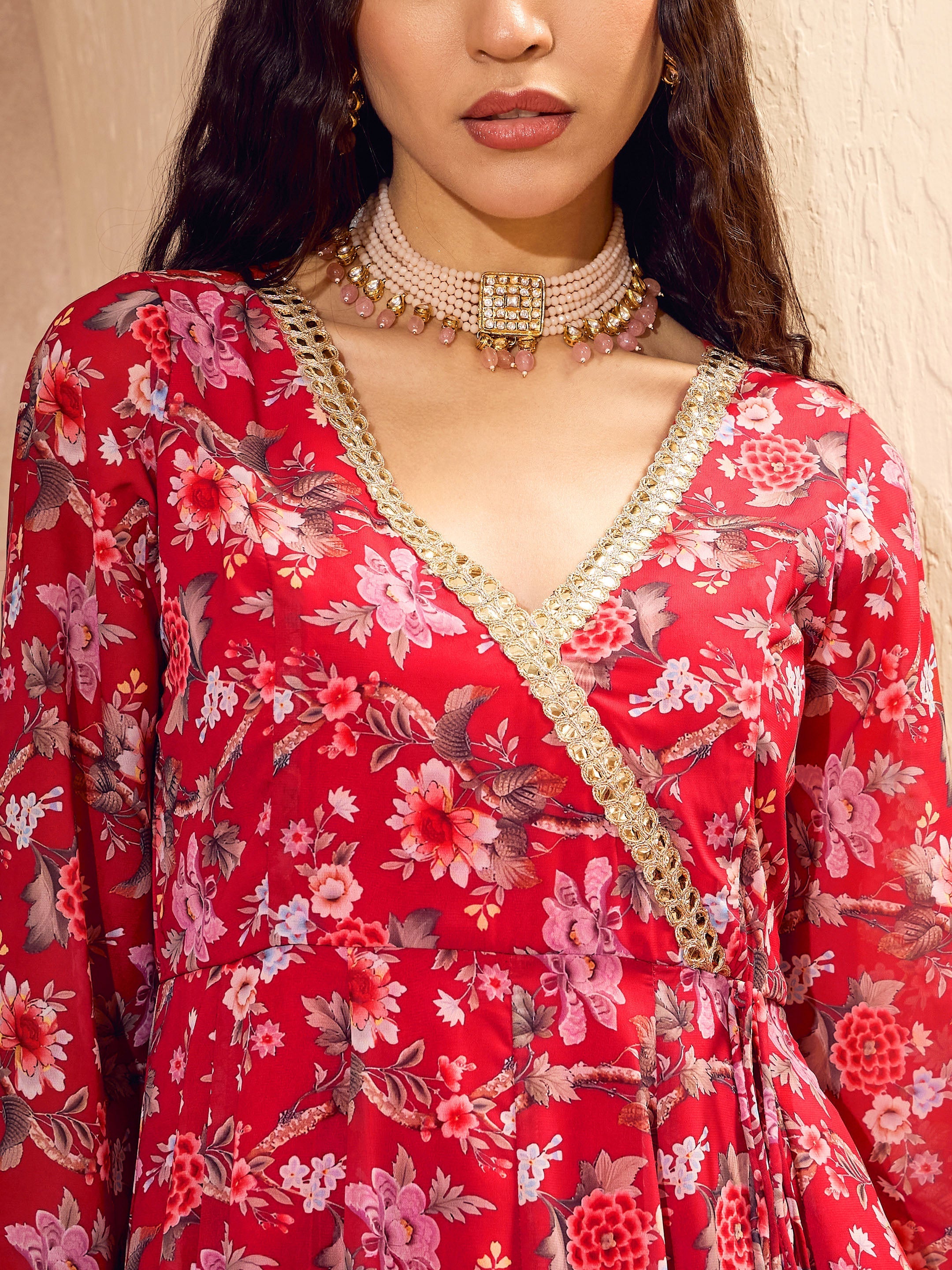 Women Red Floral Wrap Anarkali Kurta With Palazzos