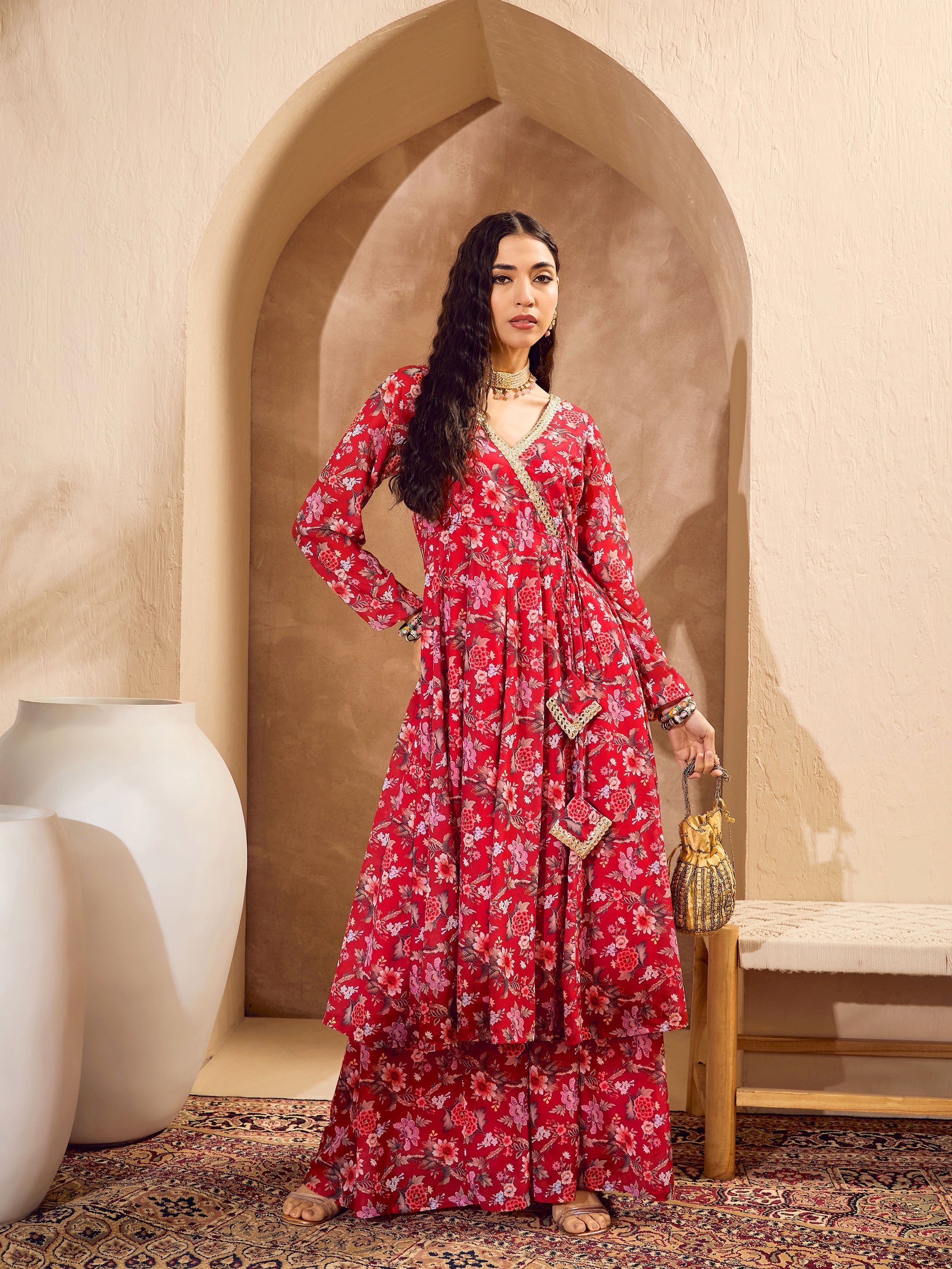 Women Red Floral Wrap Anarkali Kurta With Palazzos