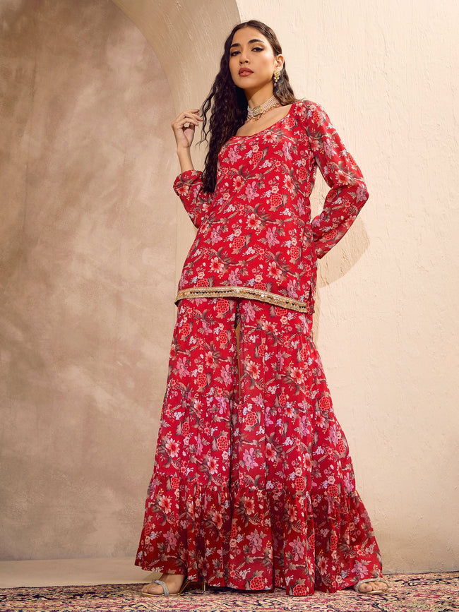 Women Red Floral Short Kurta With Tiered Sharara