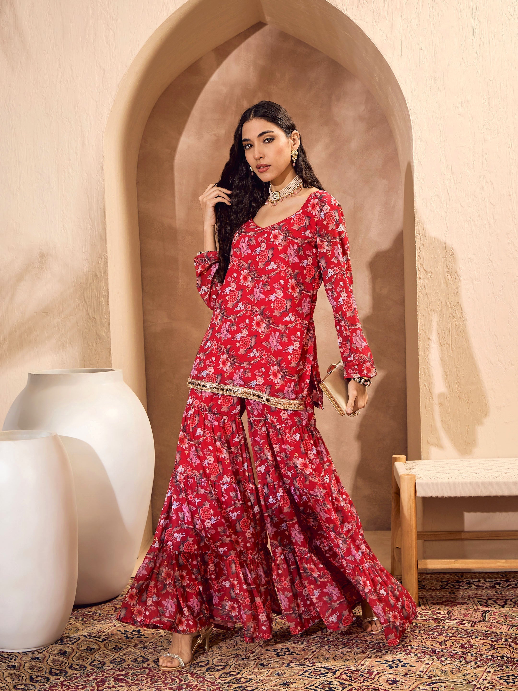 Women Red Floral Short Kurta With Tiered Sharara