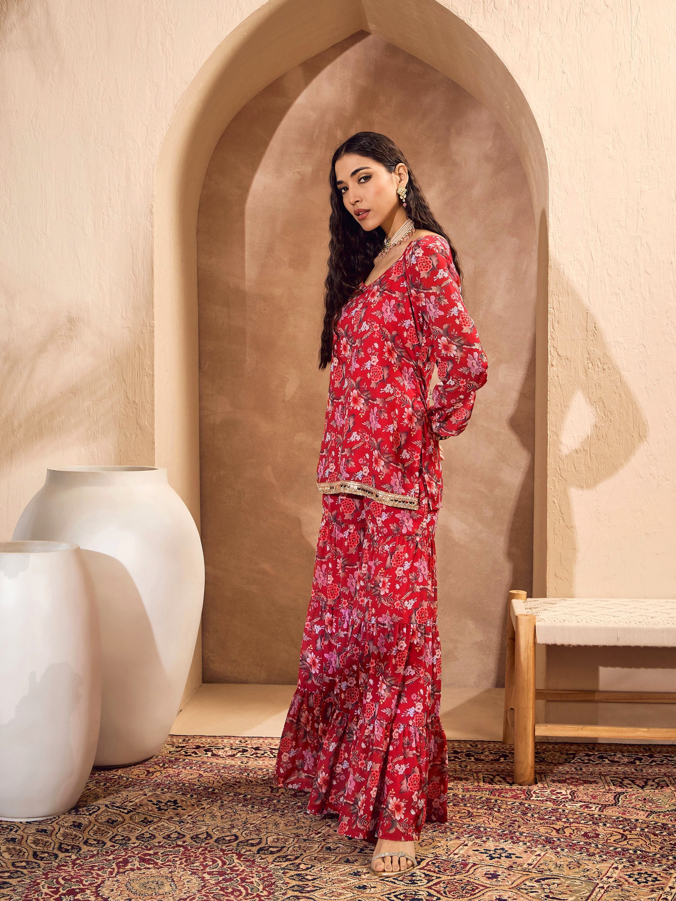 Women Red Floral Short Kurta With Tiered Sharara