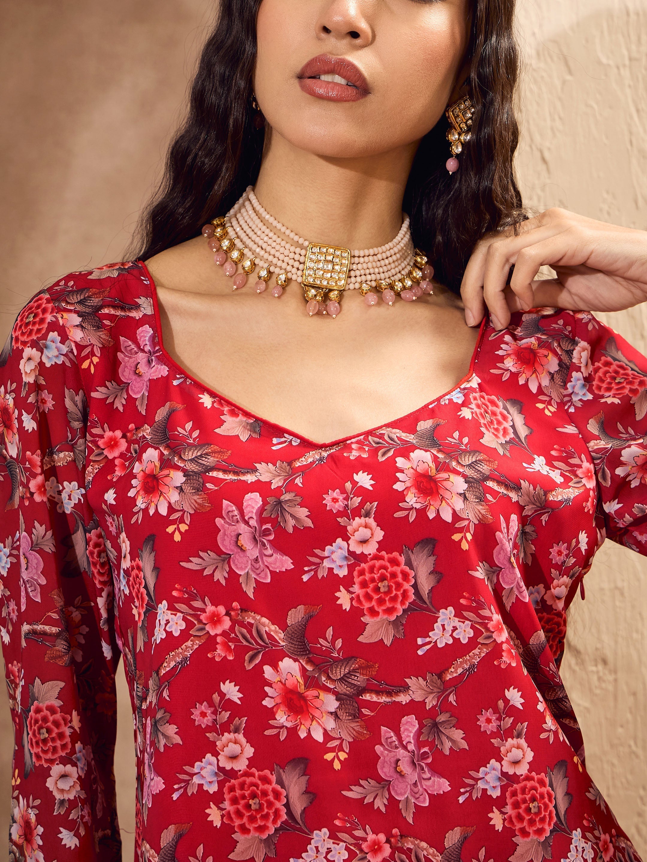 Women Red Floral Short Kurta With Tiered Sharara