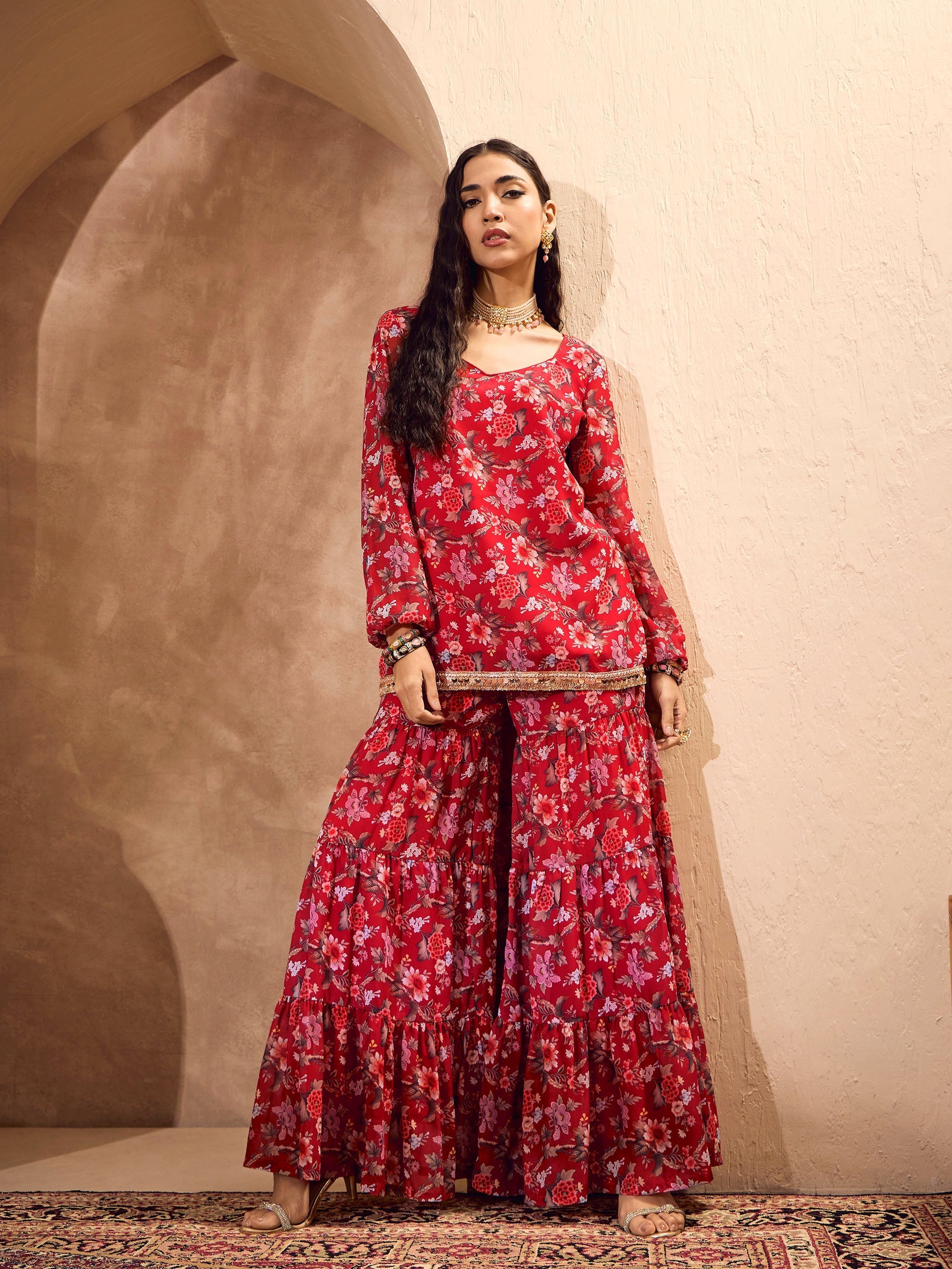 Women Red Floral Short Kurta With Tiered Sharara