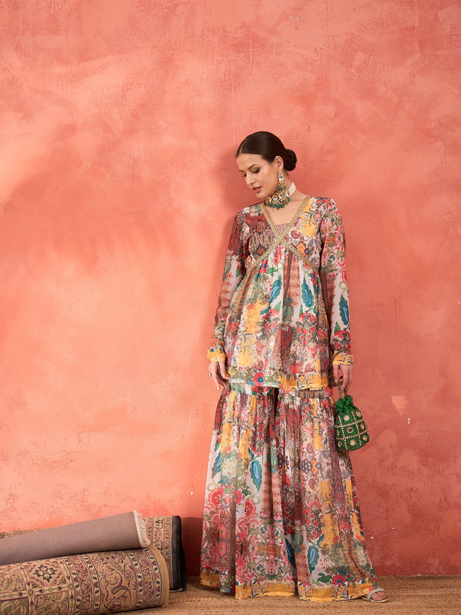 Women White Multi Floral Peplum Top With Sharara Pants