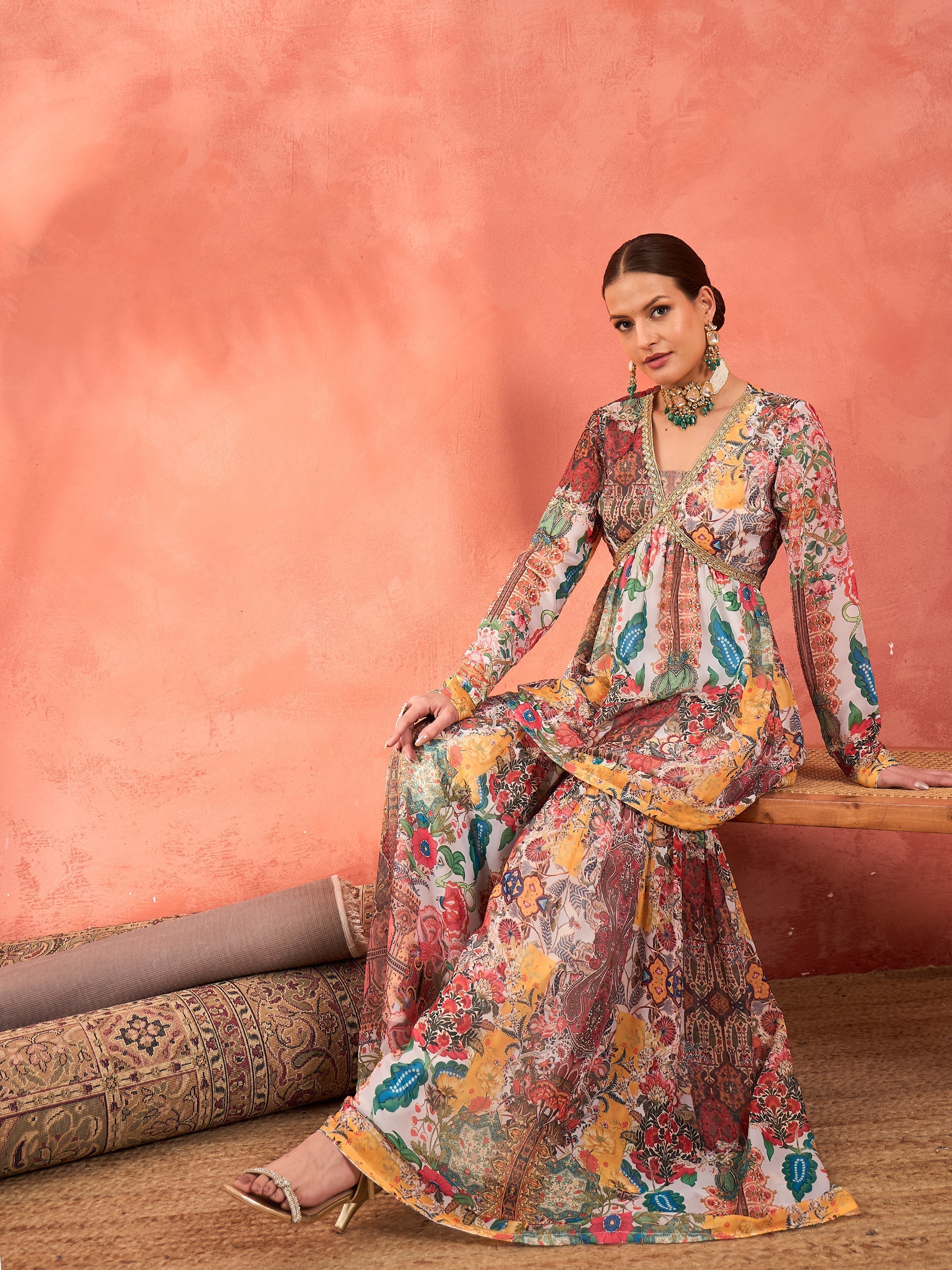 Women White Multi Floral Peplum Top With Sharara Pants