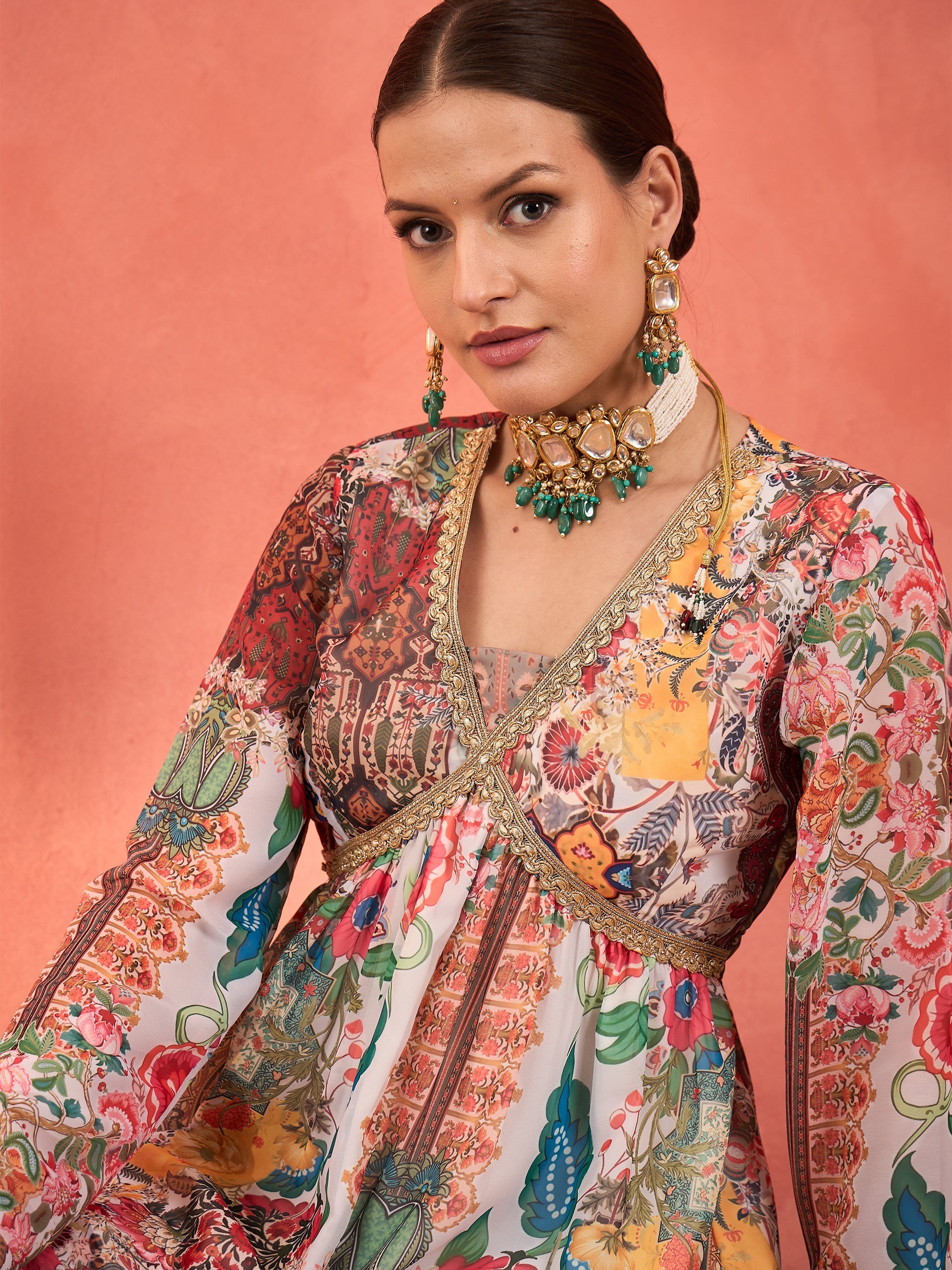 Women White Multi Floral Peplum Top With Sharara Pants