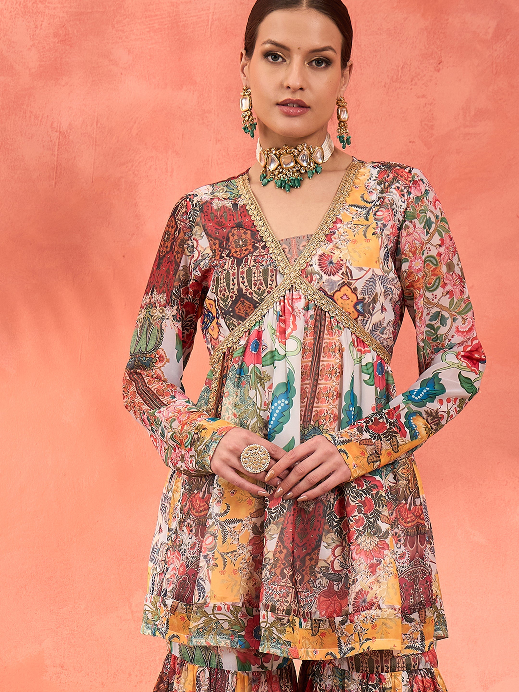 Women White Multi Floral Peplum Top With Sharara Pants