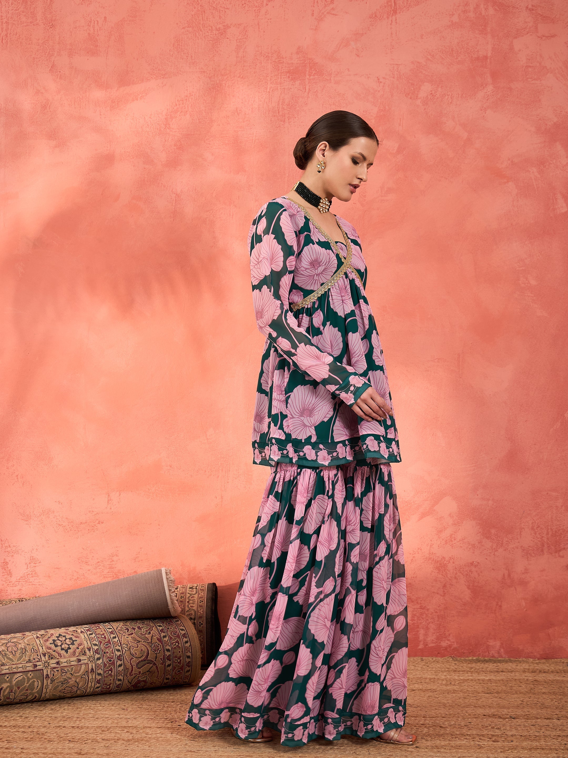 Women Green & Pink Floral Peplum Top With Sharara Pants