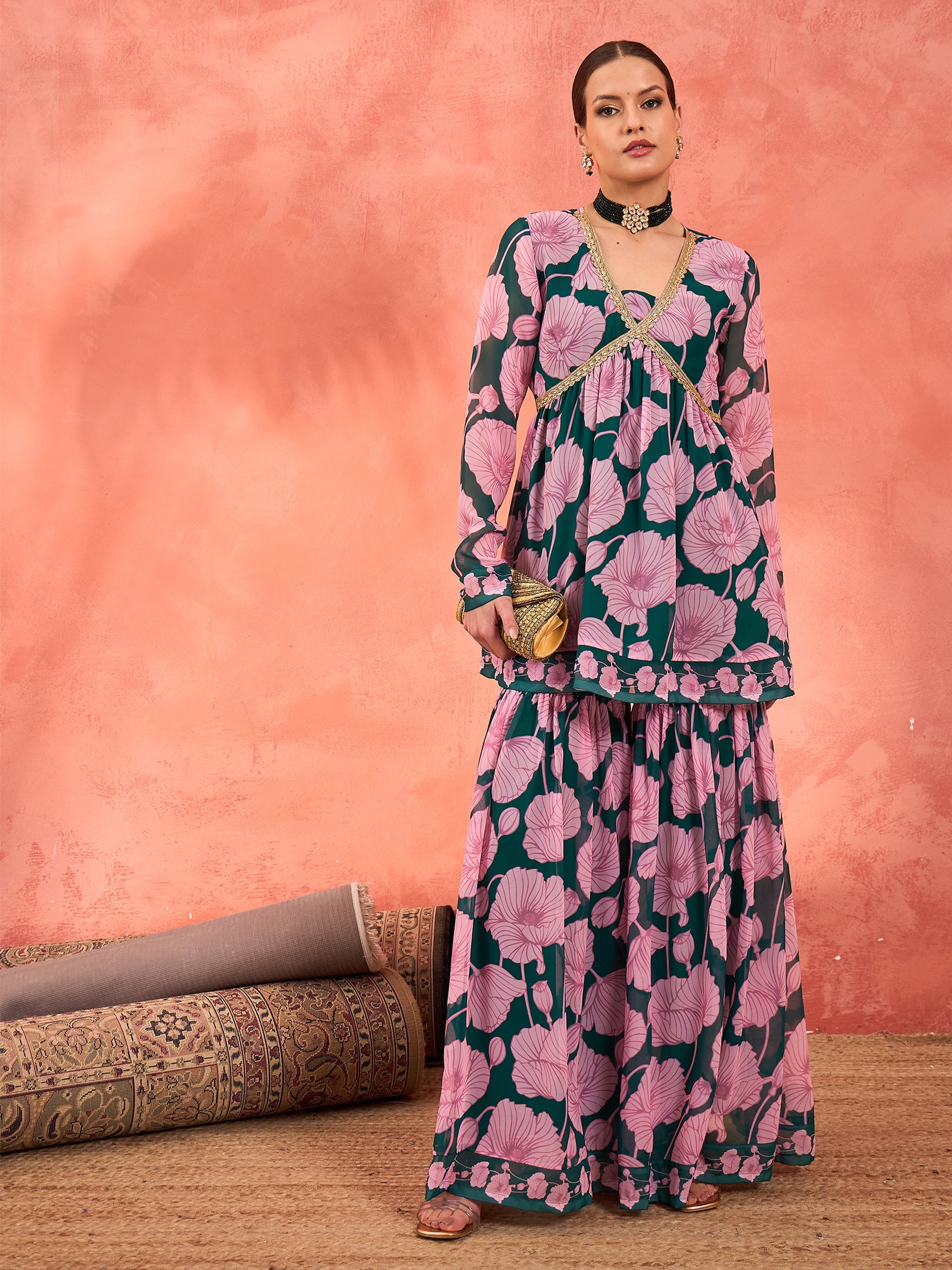 Women Green & Pink Floral Peplum Top With Sharara Pants