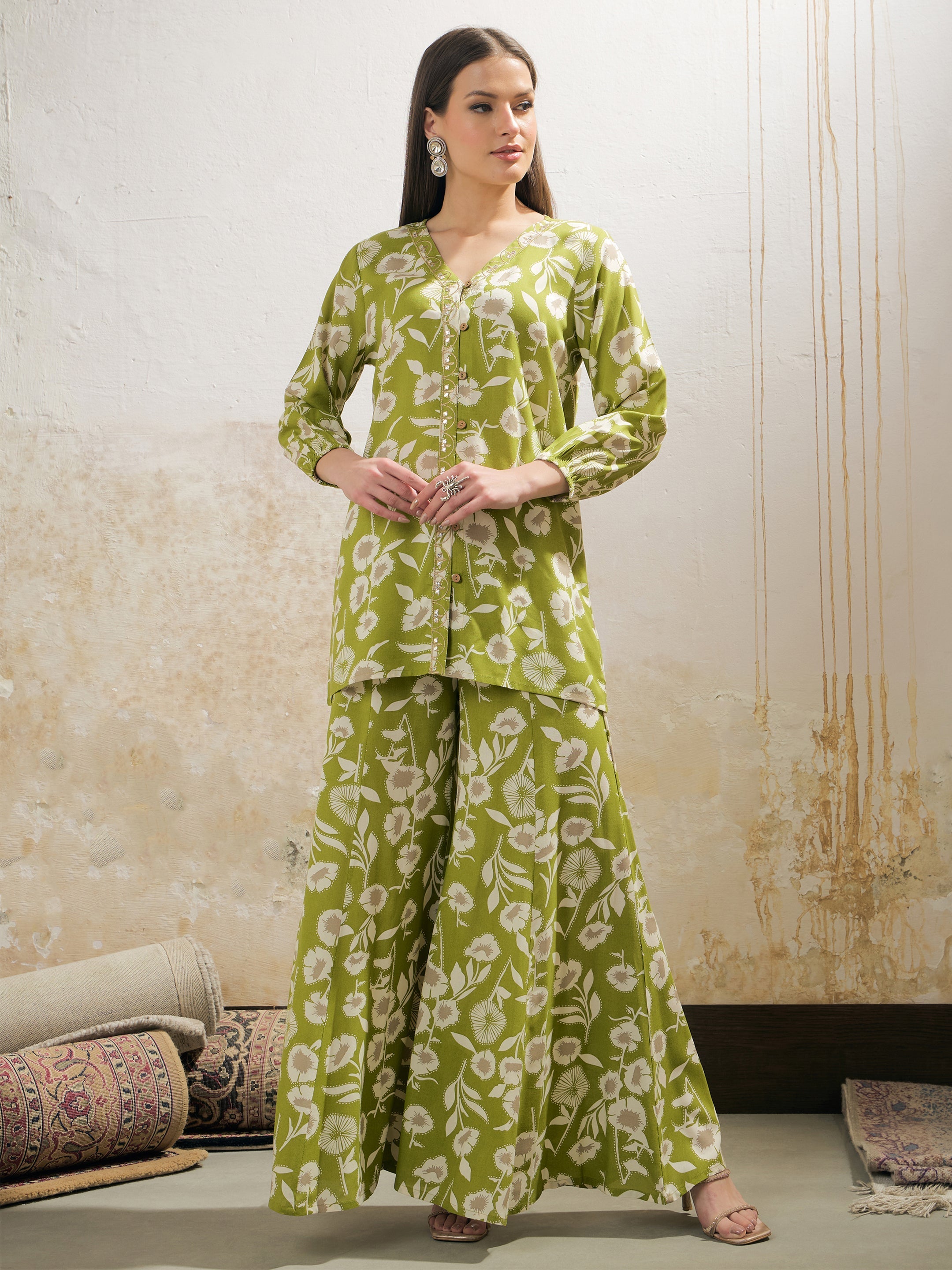 Women Green & White Floral Rayon Shirt With Palazzos