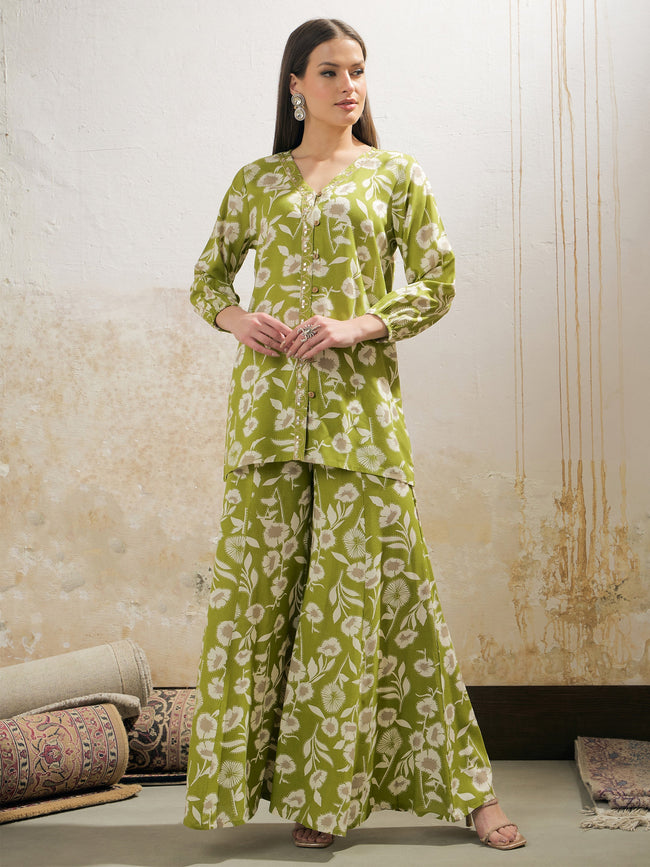 Women Green & White Floral Rayon Shirt With Palazzos
