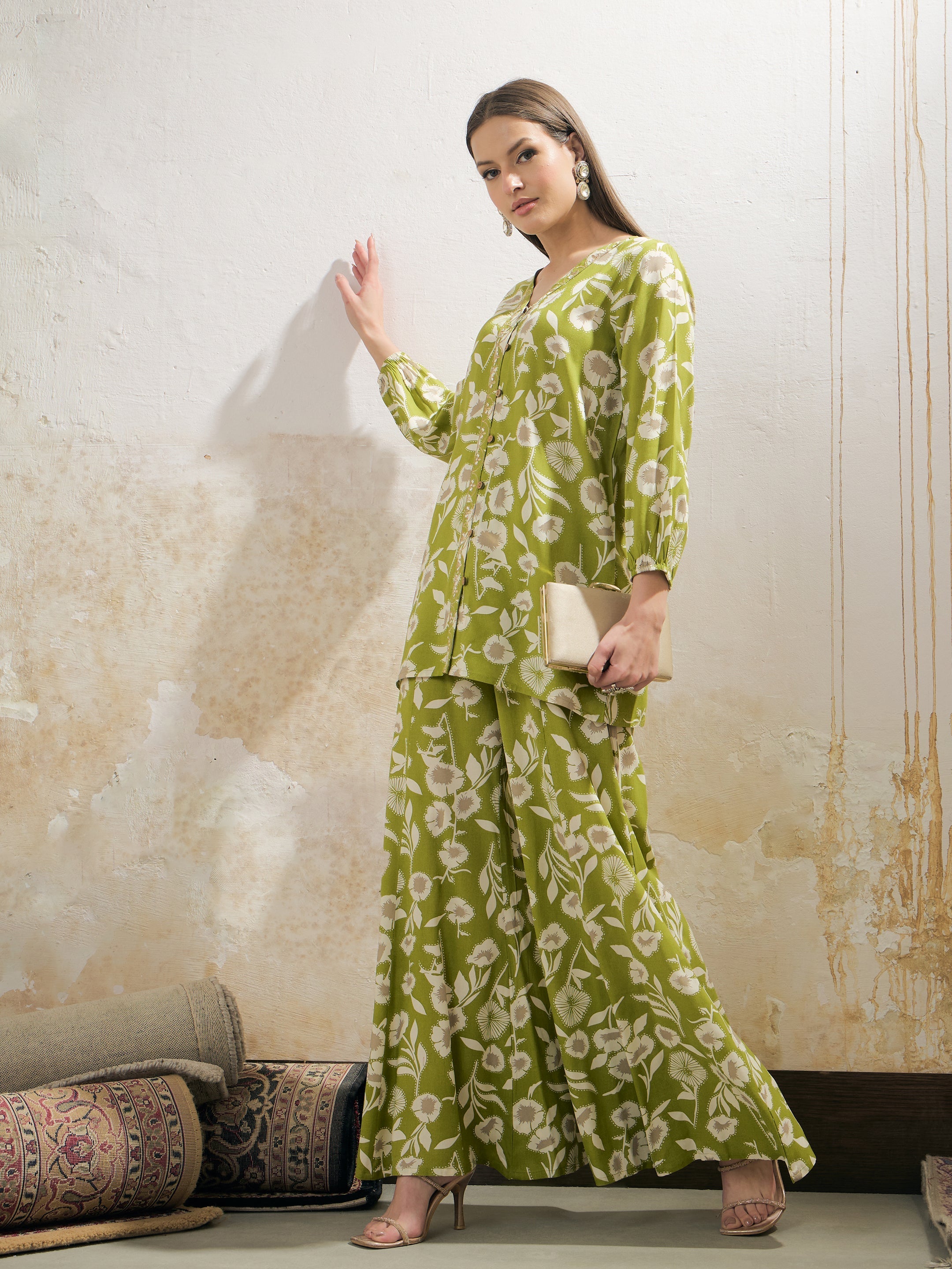 Women Green & White Floral Rayon Shirt With Palazzos