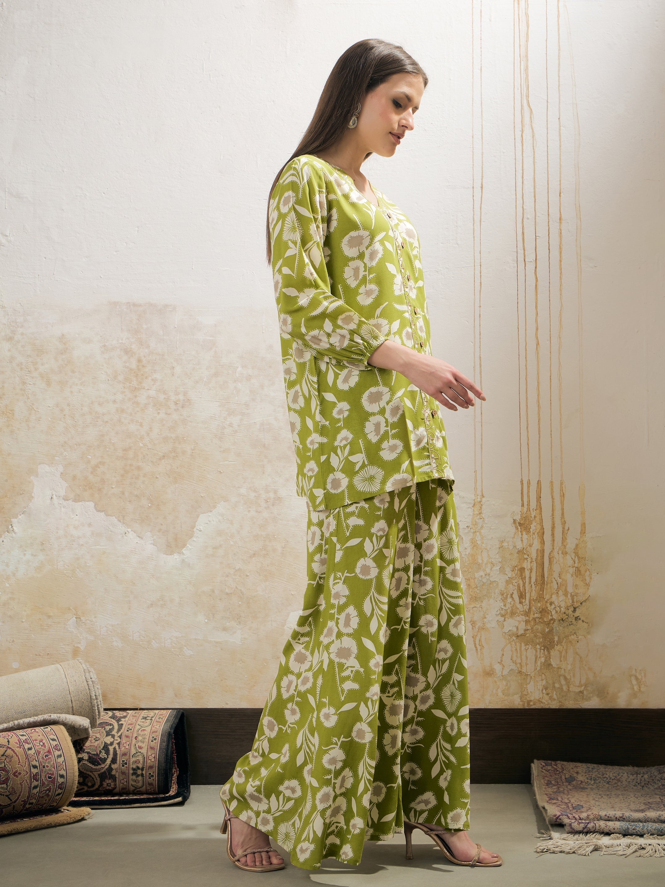 Women Green & White Floral Rayon Shirt With Palazzos