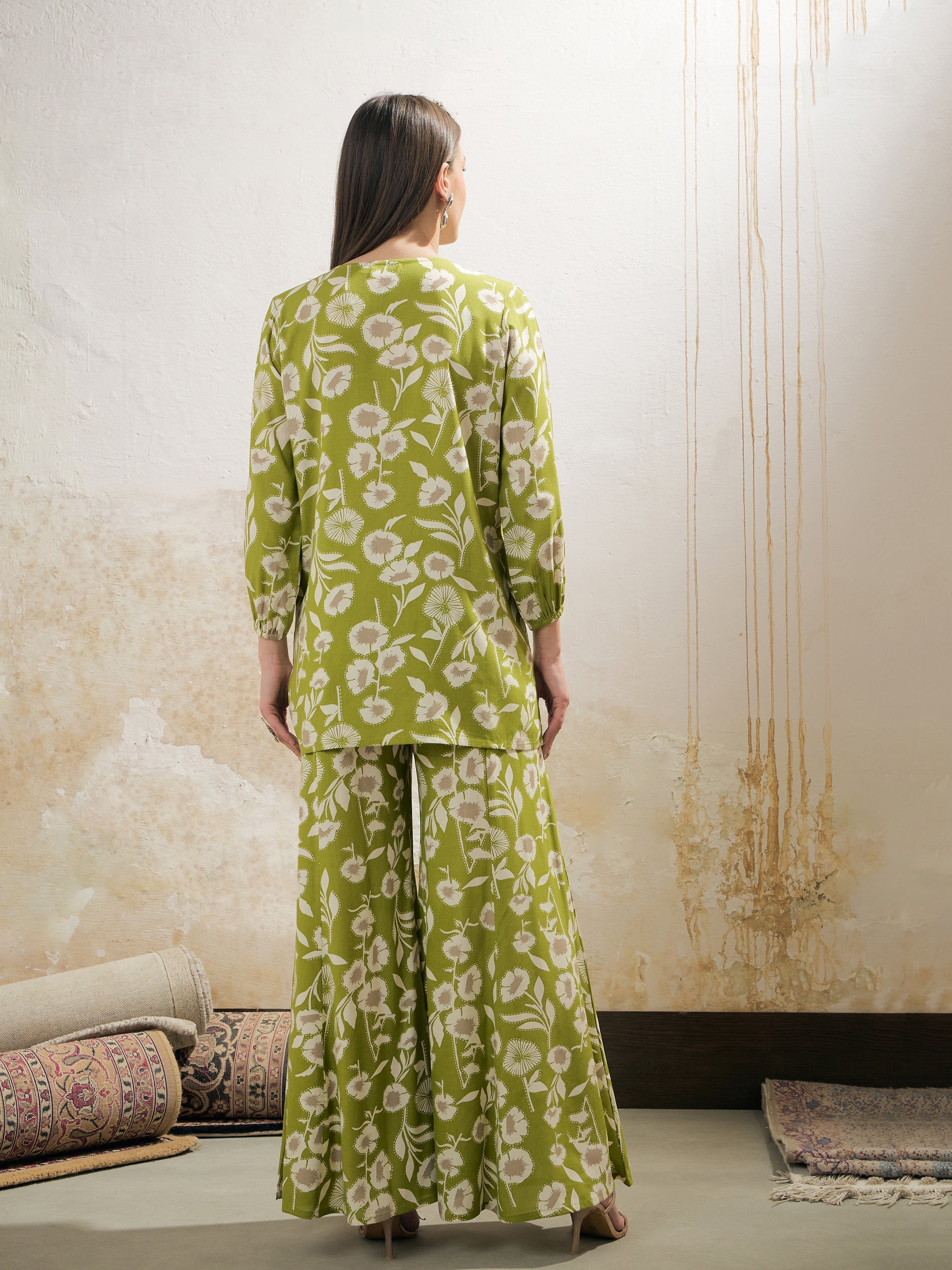 Women Green & White Floral Rayon Shirt With Palazzos