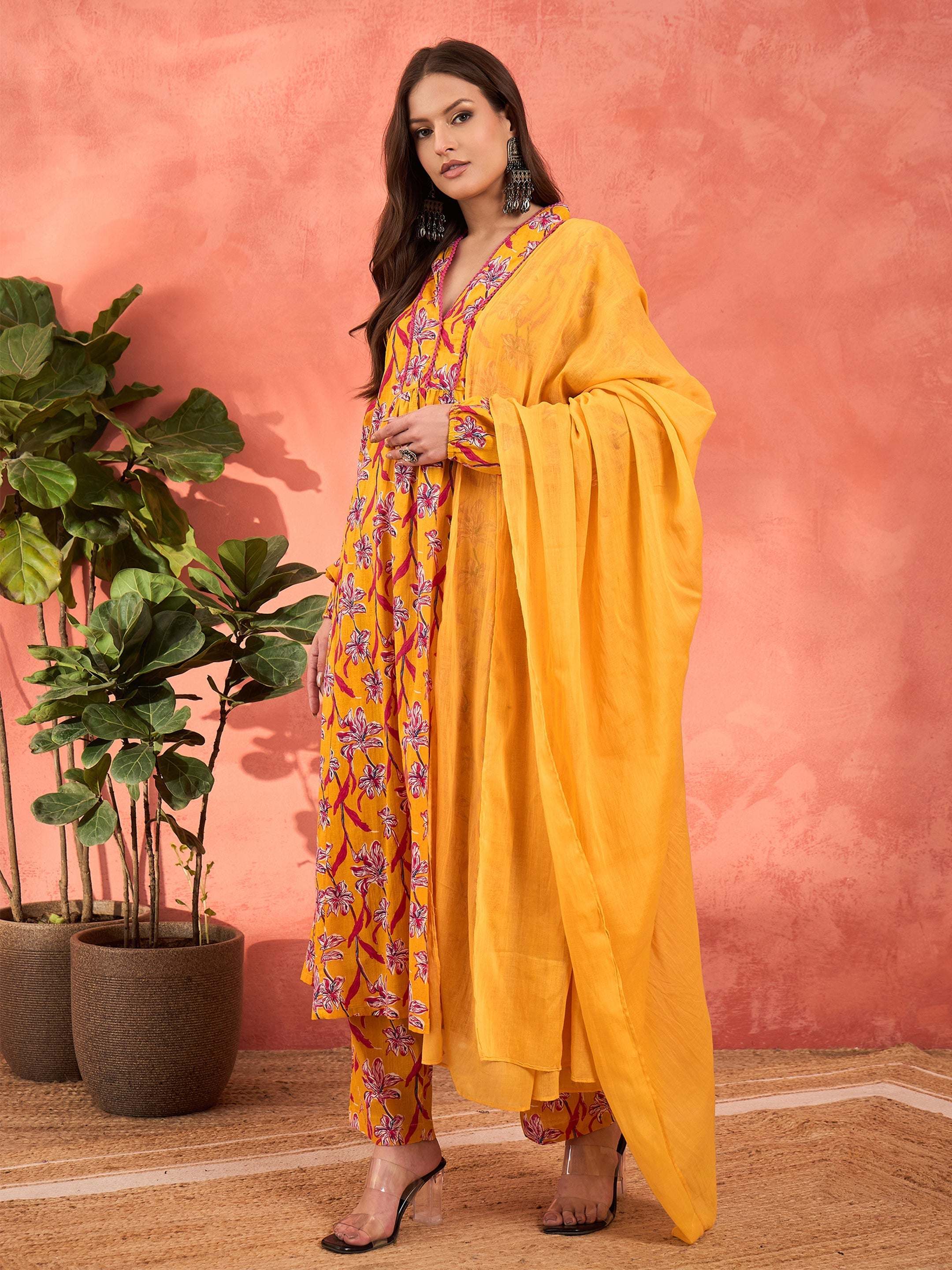 Women Yellow Floral Cambric V Neck Kurta With Pencil Pants & Dupatta