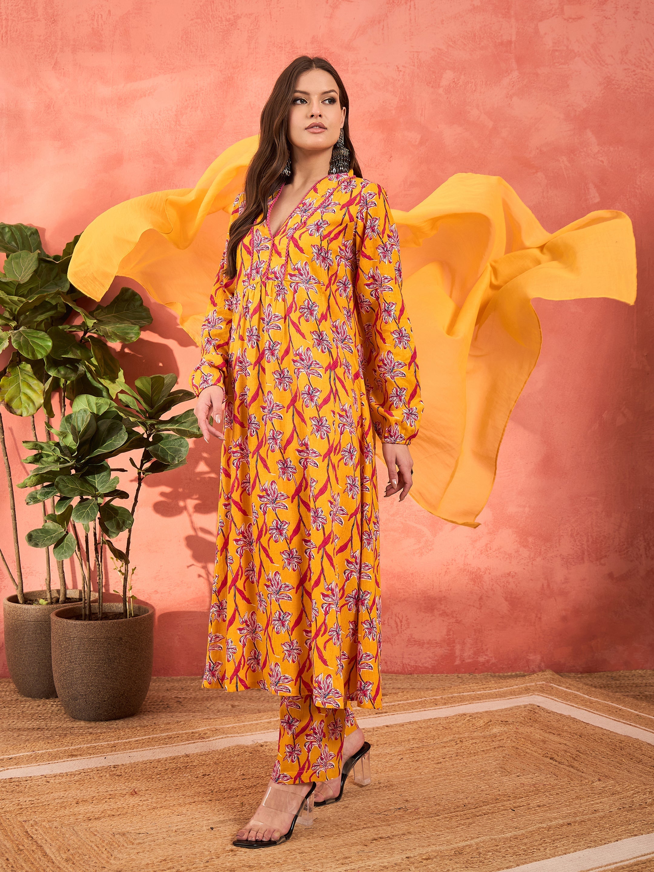 Women Yellow Floral Cambric V Neck Kurta With Pencil Pants & Dupatta