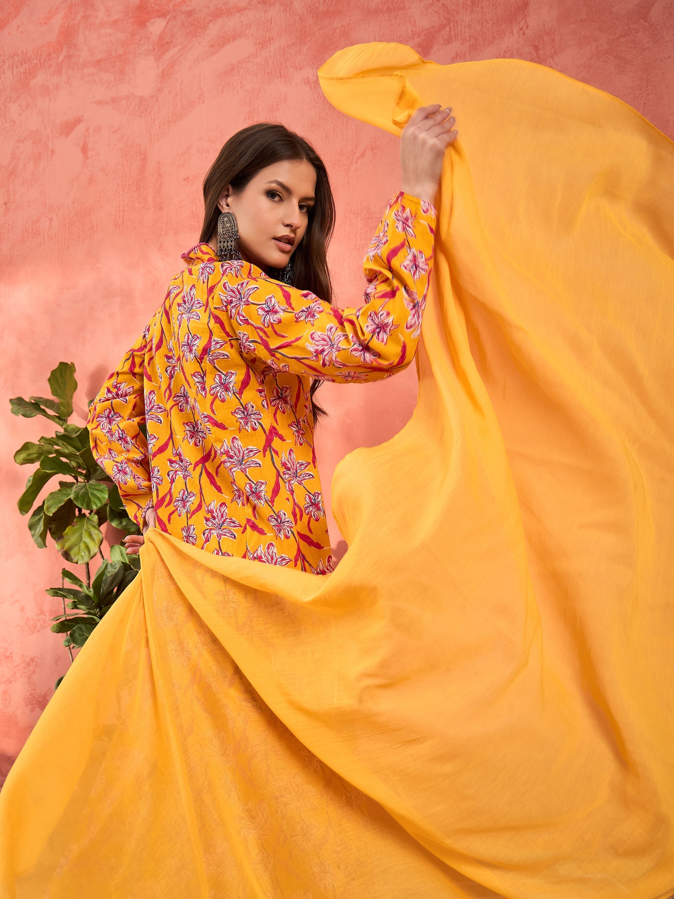 Women Yellow Floral Cambric V Neck Kurta With Pencil Pants & Dupatta