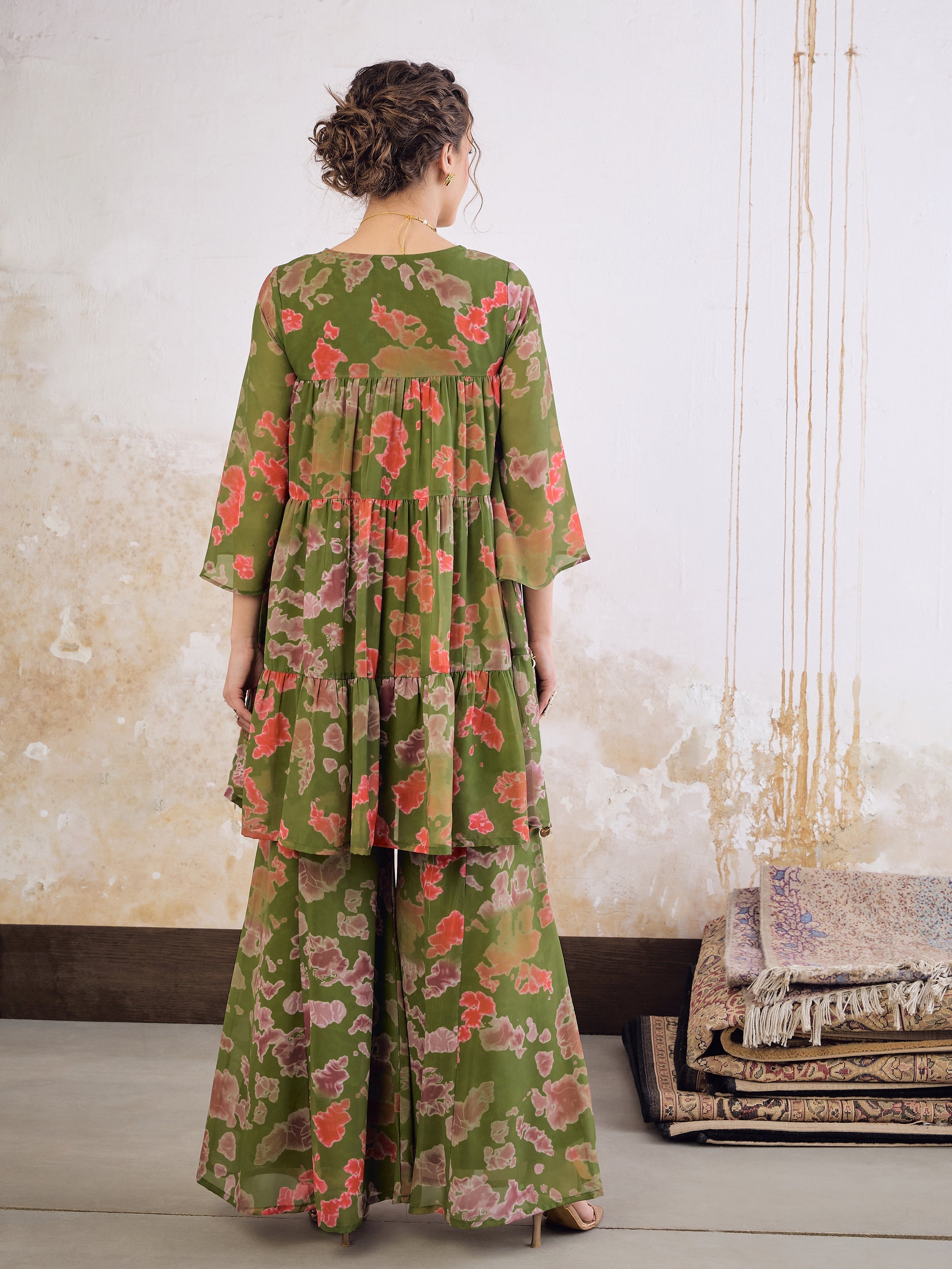 Women Green Tie & Dye Coin Lace Tired Kurta With Sharara Pants