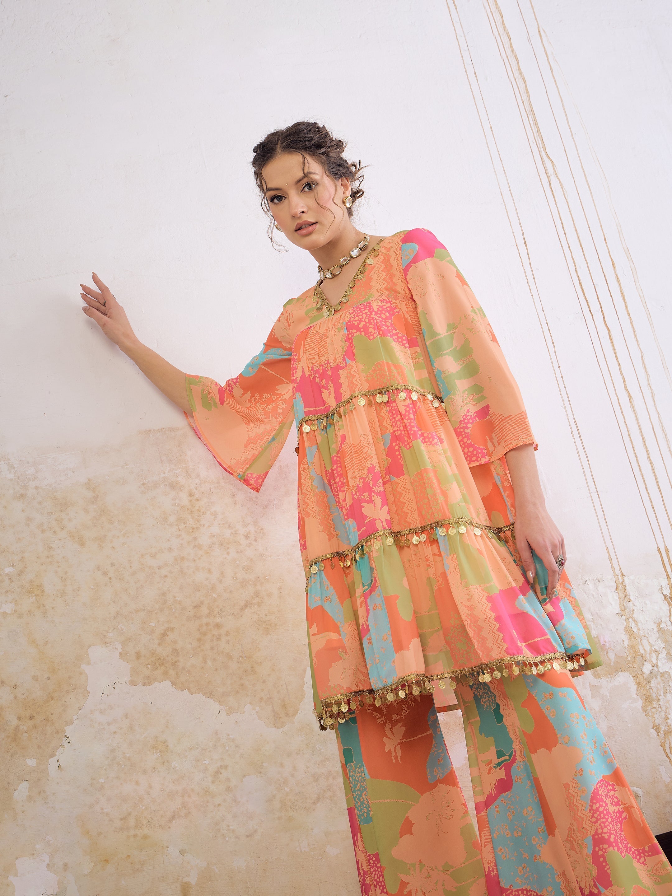 Women Orange Tie & Dye Coin Lace Tired Kurta With Sharara Pants