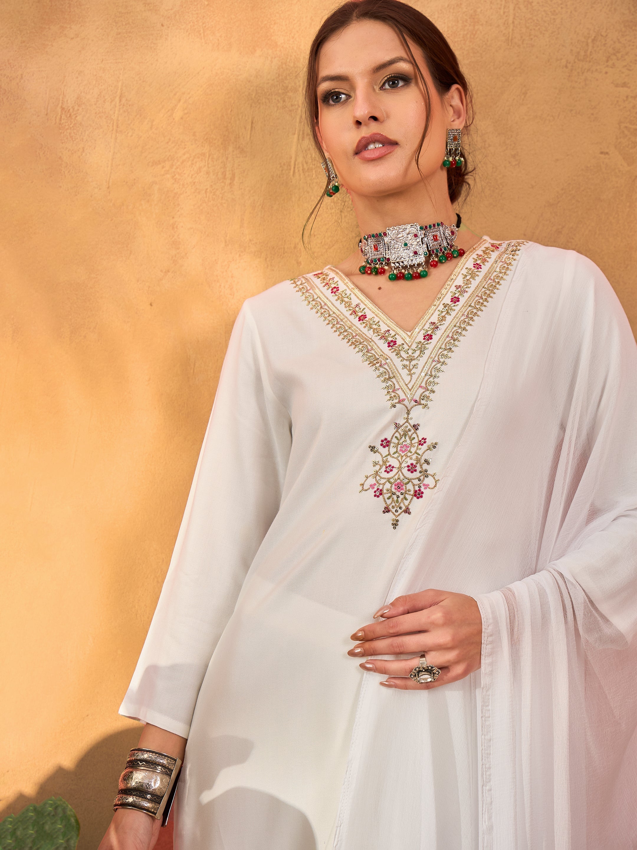 Women White Rayon Embroidered Kurta With Pencil Pants & Dupatta