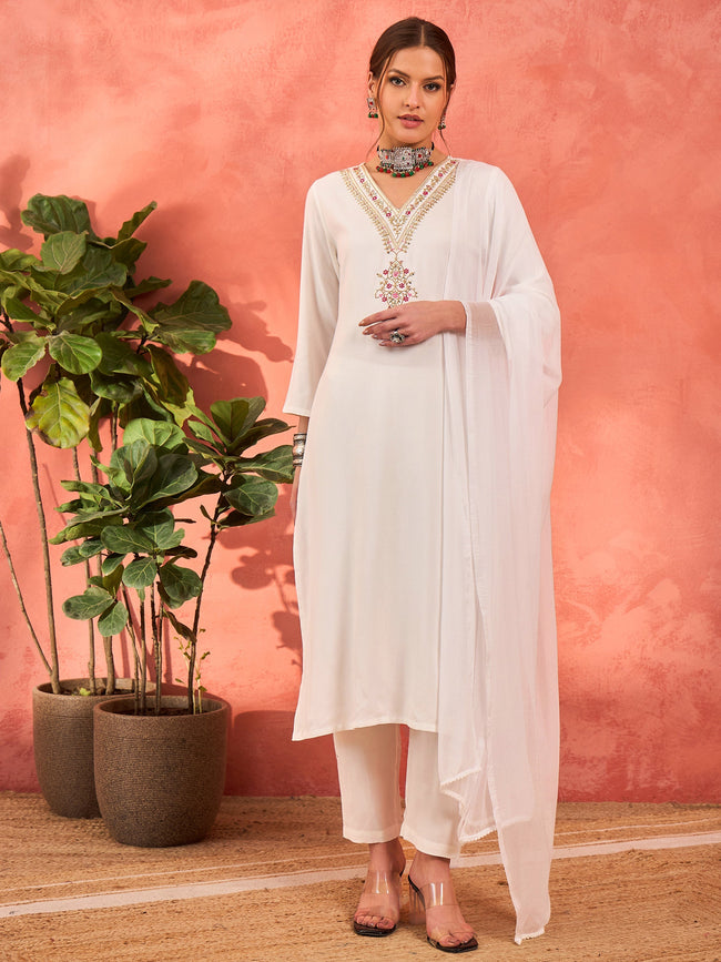 Women White Rayon Embroidered Kurta With Pencil Pants & Dupatta