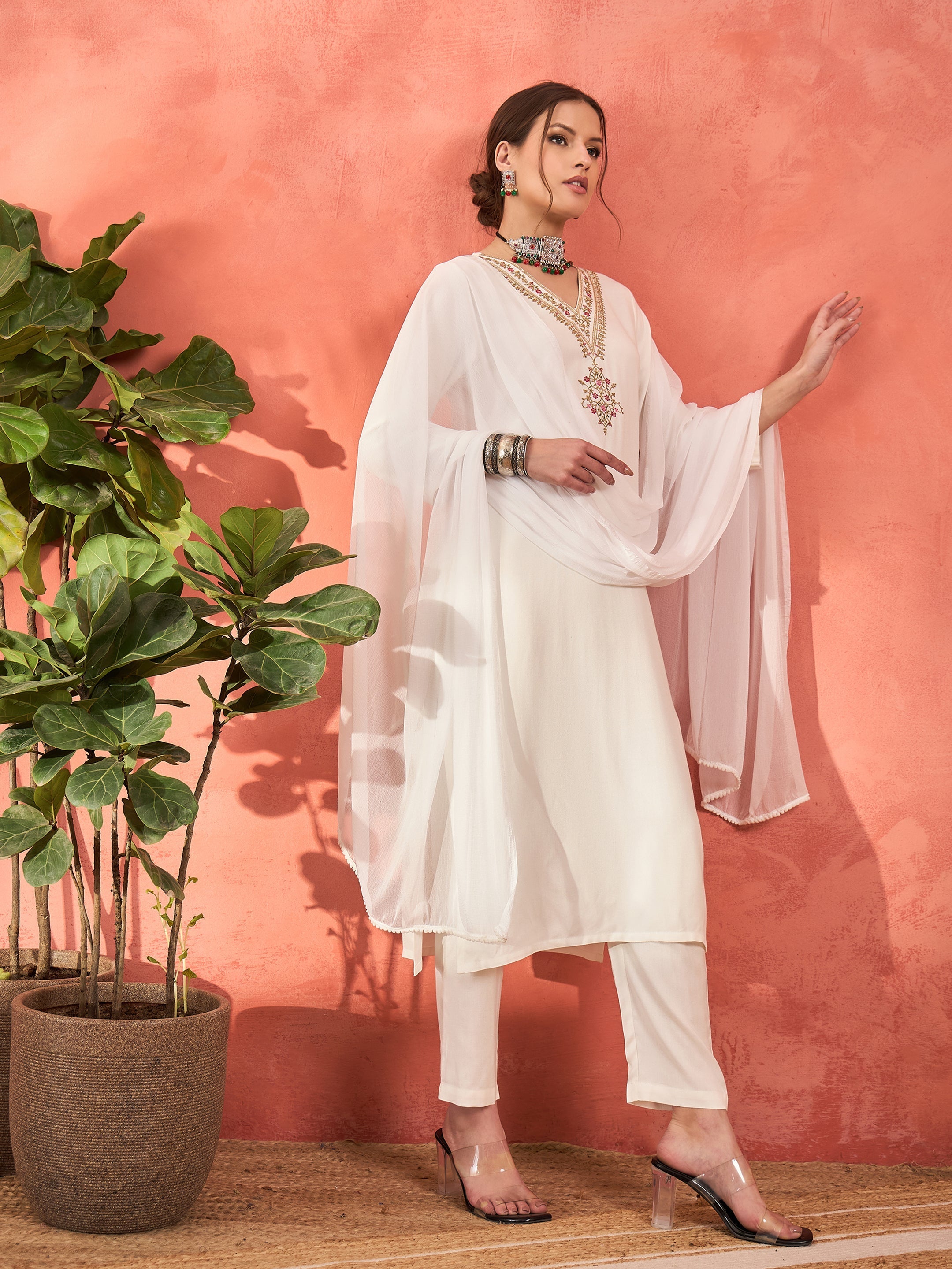Women White Rayon Embroidered Kurta With Pencil Pants & Dupatta