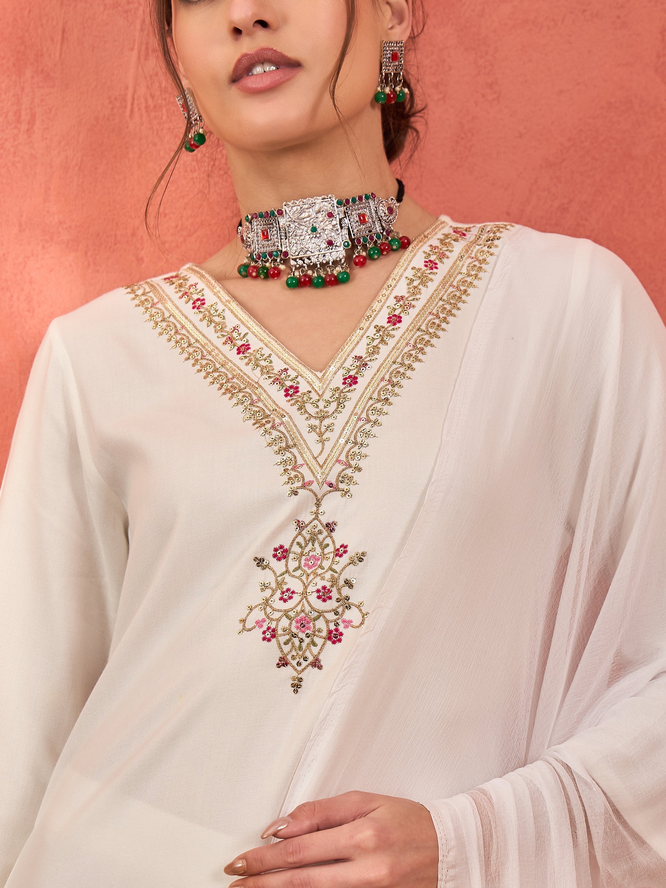 Women White Rayon Embroidered Kurta With Pencil Pants & Dupatta
