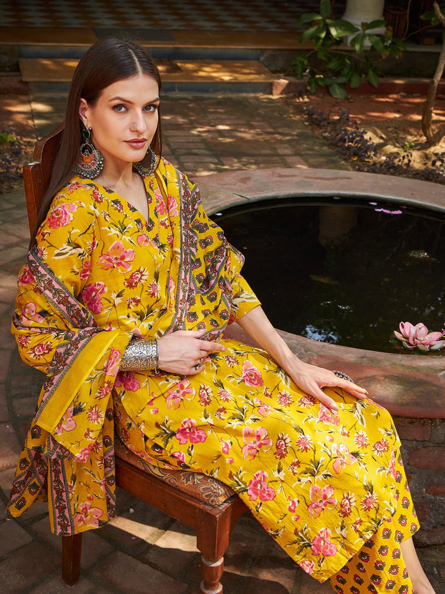 Women Yellow Floral V Neck Kurta With Pencil Pants & Dupatta