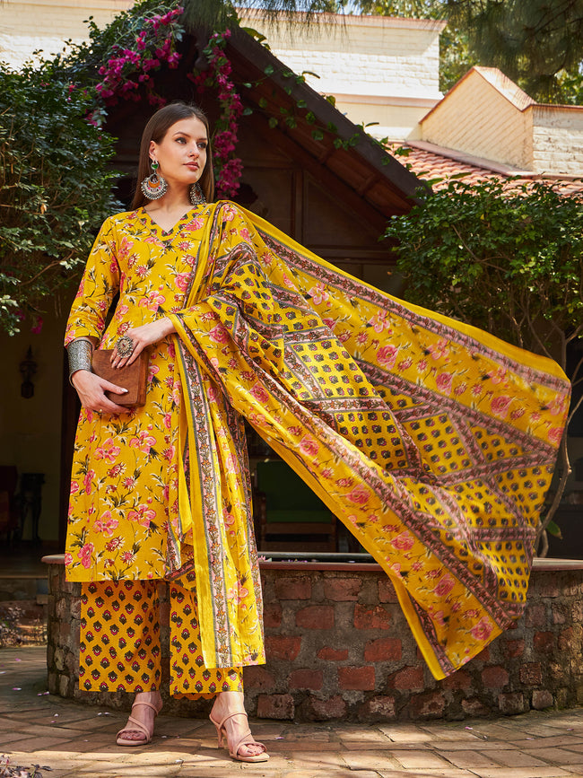 Women Yellow Floral V Neck Kurta With Pencil Pants & Dupatta