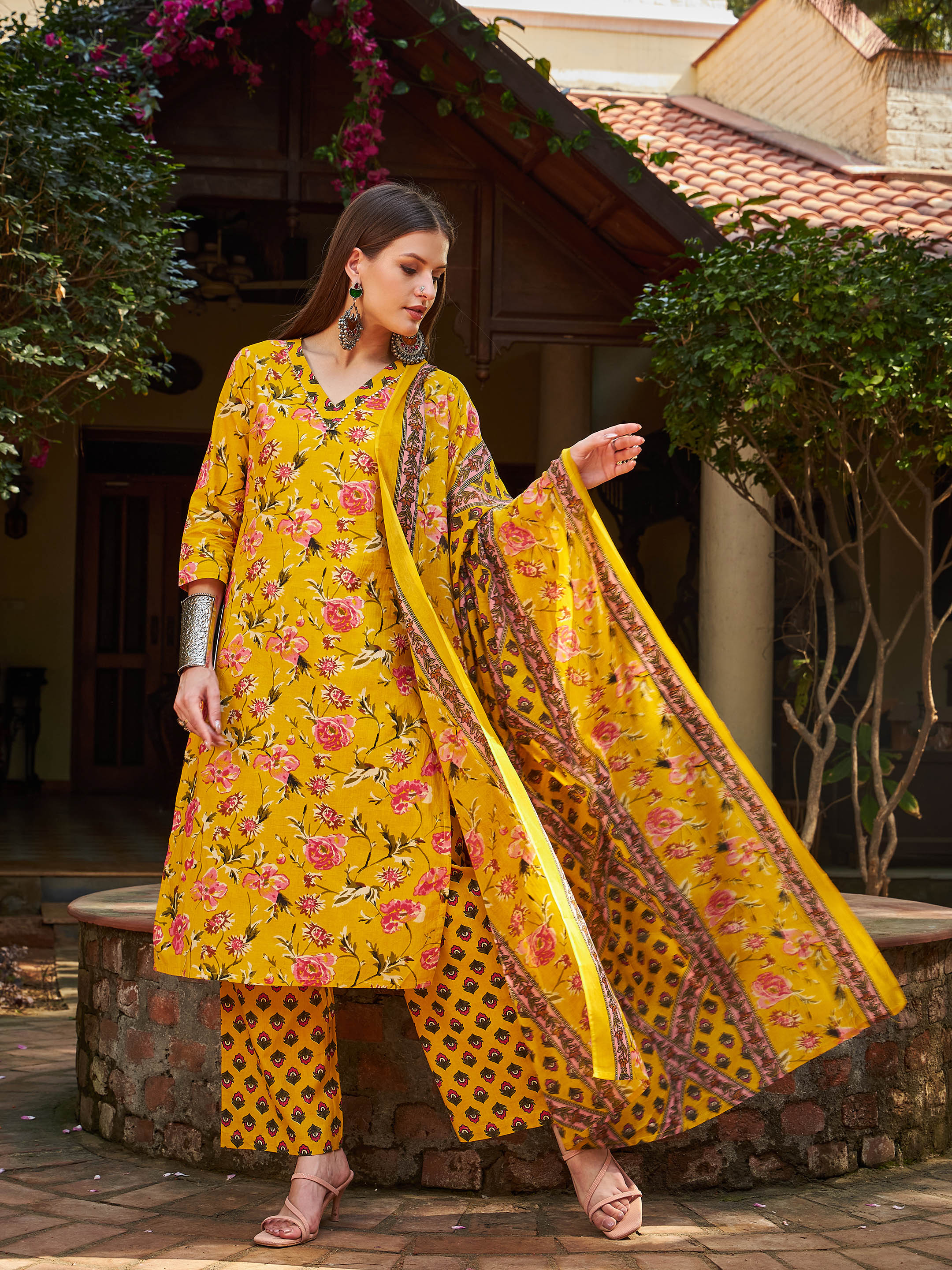 Women Yellow Floral V Neck Kurta With Pencil Pants & Dupatta