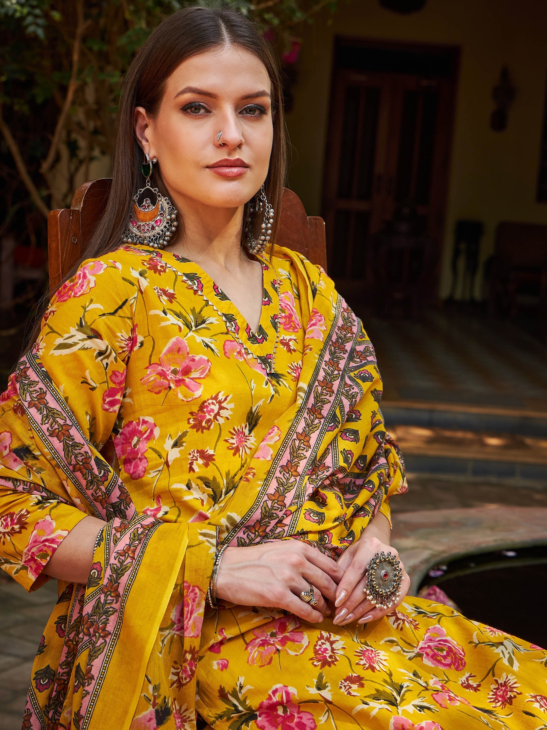 Women Yellow Floral V Neck Kurta With Pencil Pants & Dupatta