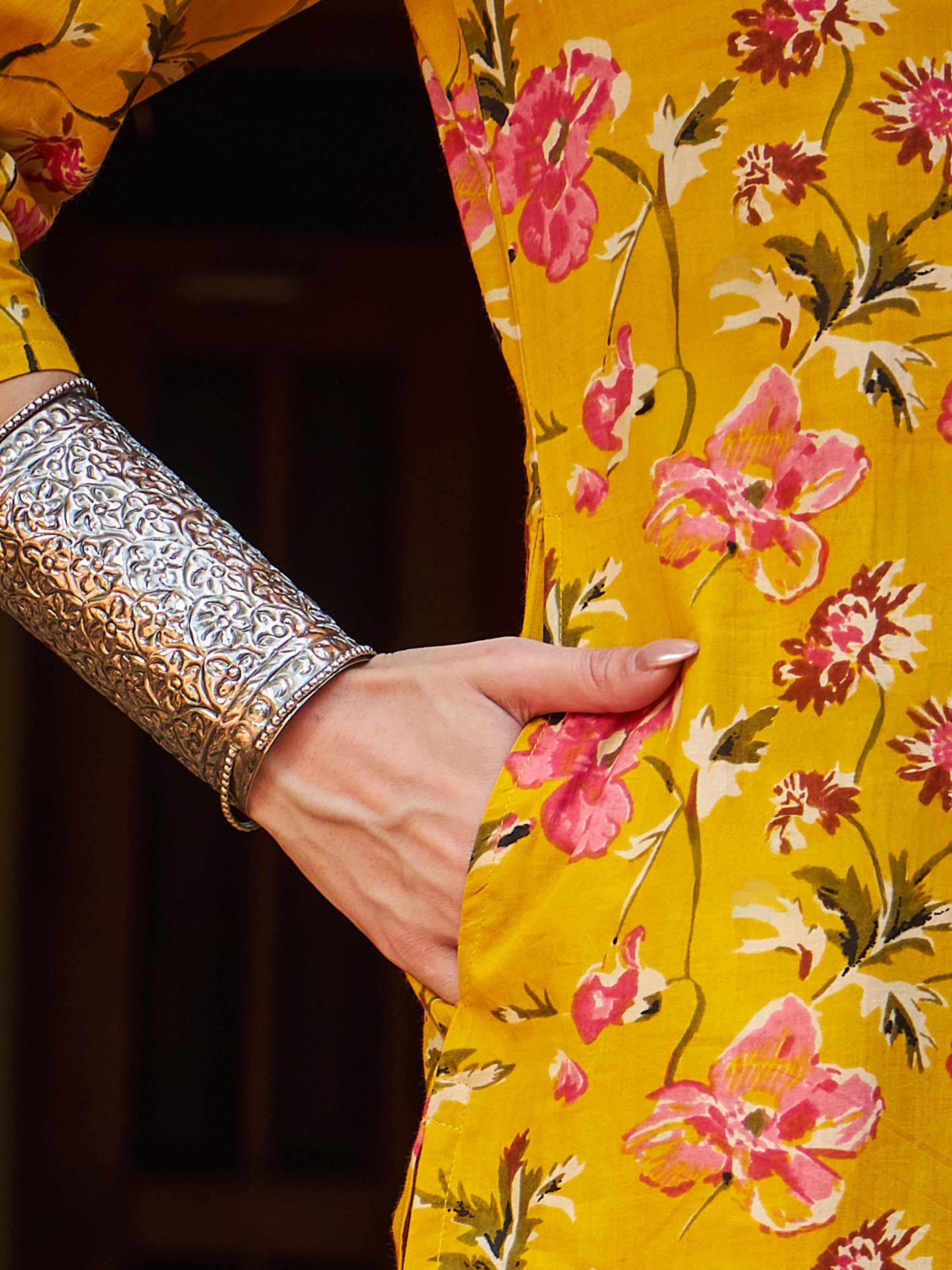 Women Yellow Floral V Neck Kurta With Pencil Pants & Dupatta