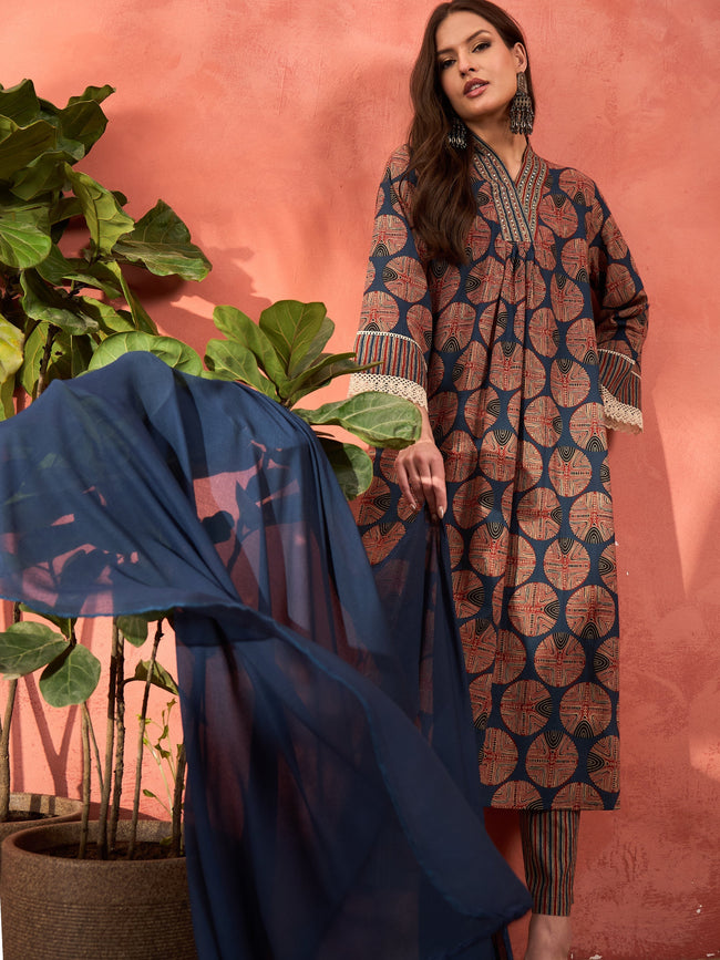 Women Navy Geometric Print Kurta With Pencil Pants & Dupatta