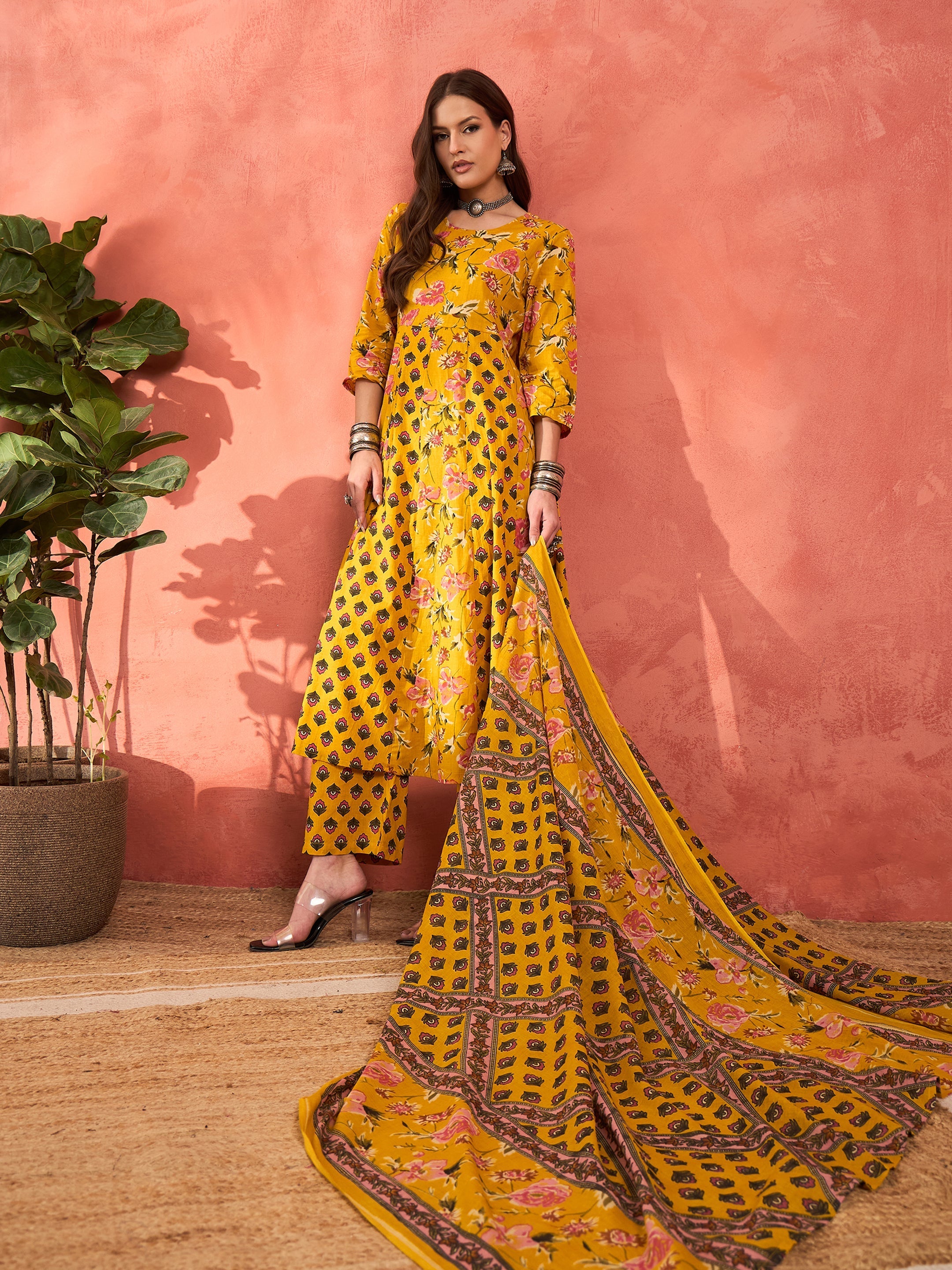 Women Yellow Floral Anarkali Kurta With Pants & Dupatta