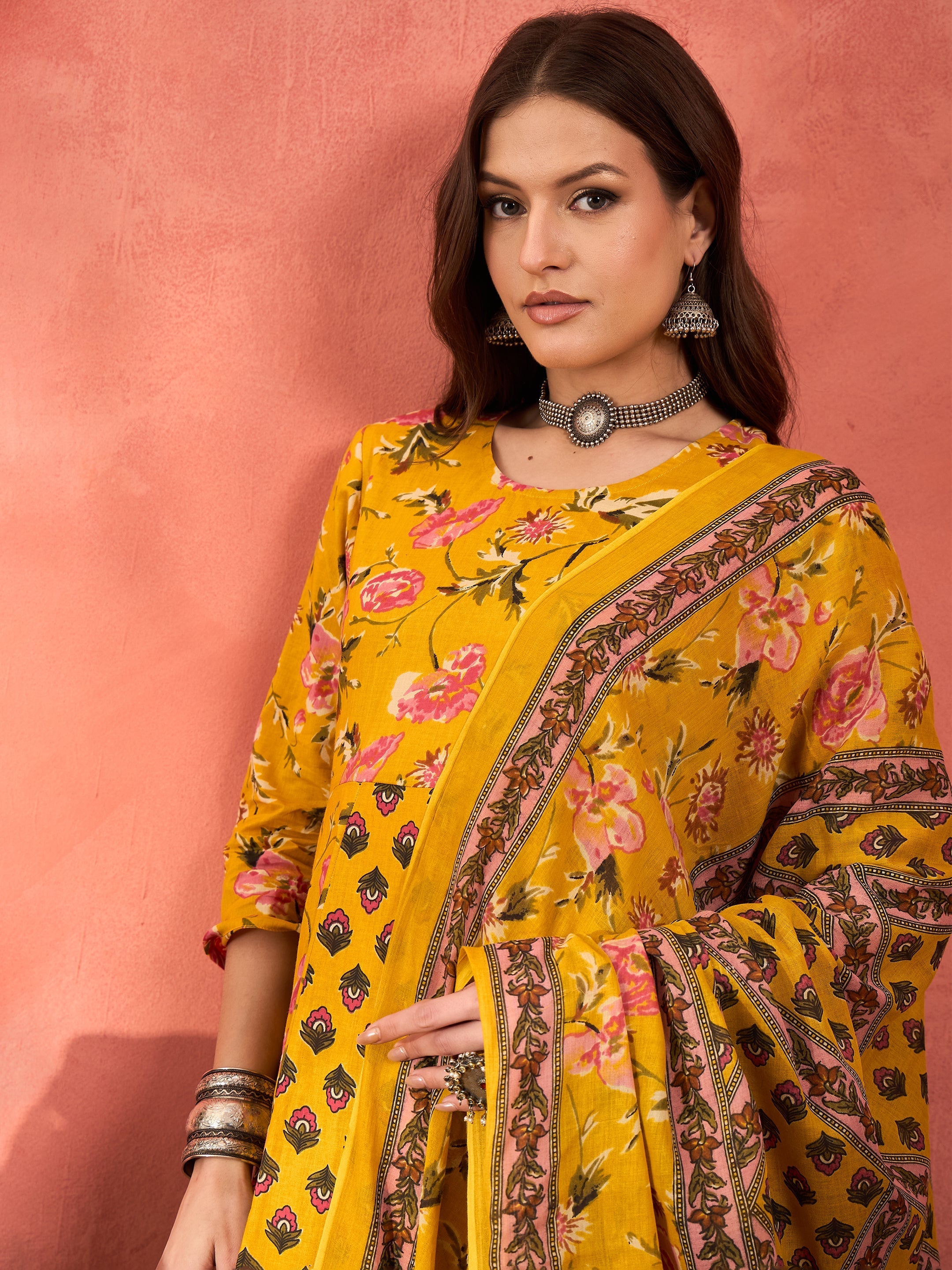 Women Yellow Floral Anarkali Kurta With Pants & Dupatta