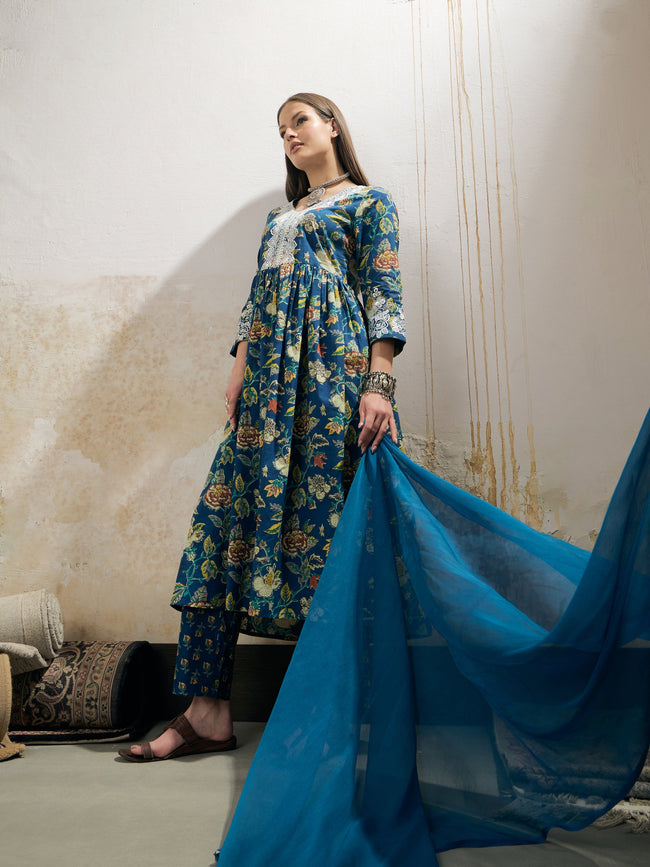 Women Navy Floral Gathered Kurta With Pencil Pants & Dupatta
