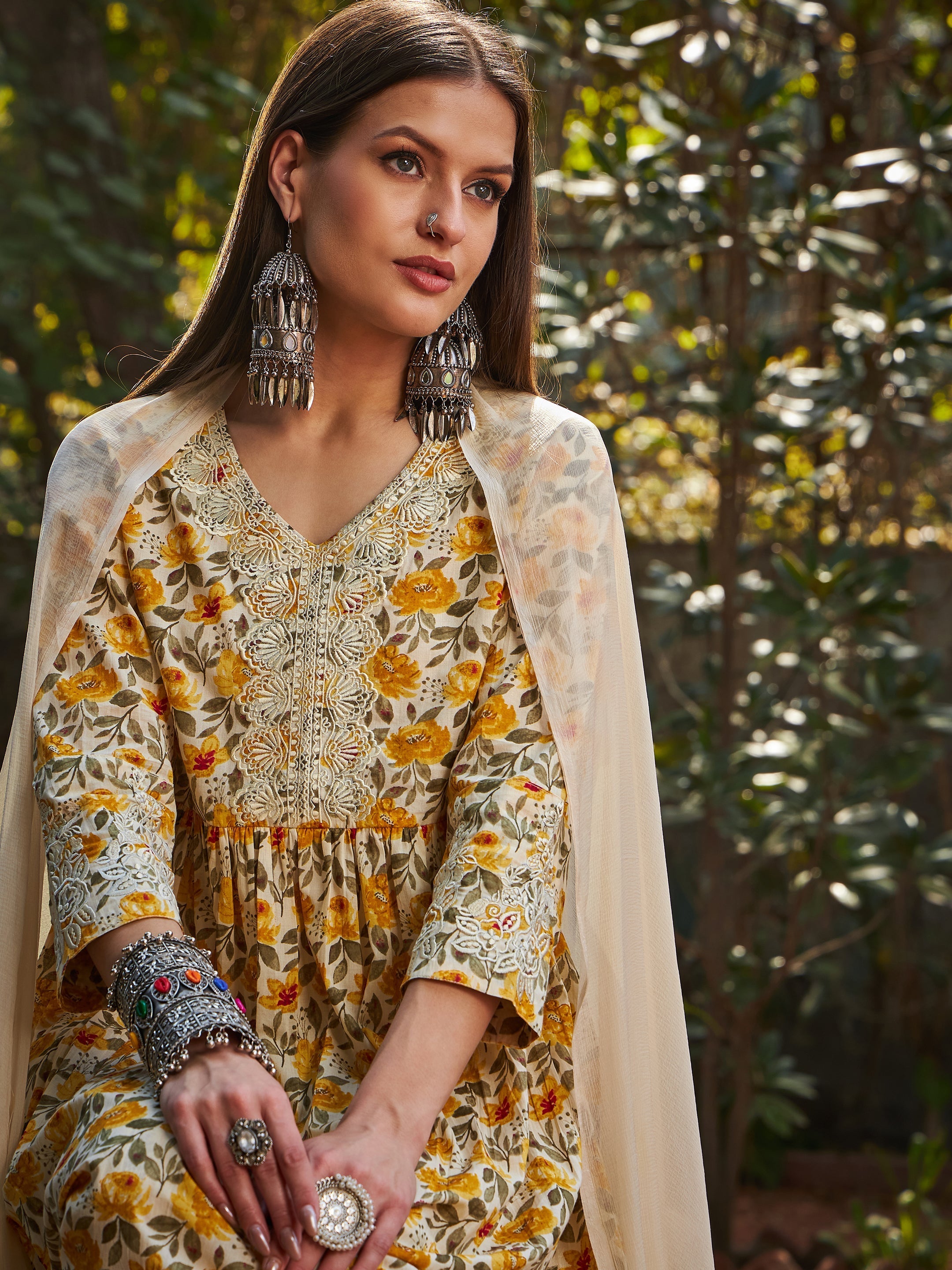 Women Yellow Floral Gathered Kurta With Pencil Pants & Dupatta