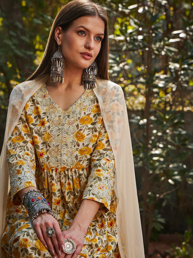 Women Yellow Floral Gathered Kurta With Pencil Pants & Dupatta