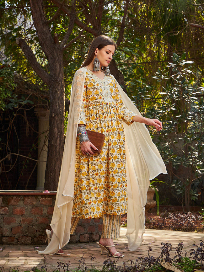 Women Yellow Floral Gathered Kurta With Pencil Pants & Dupatta
