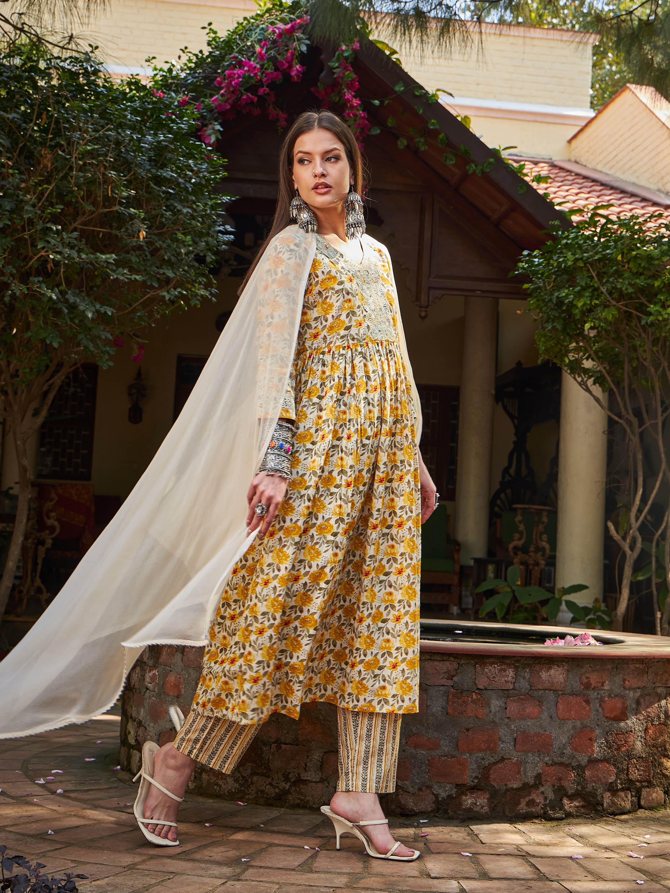 Women Yellow Floral Gathered Kurta With Pencil Pants & Dupatta