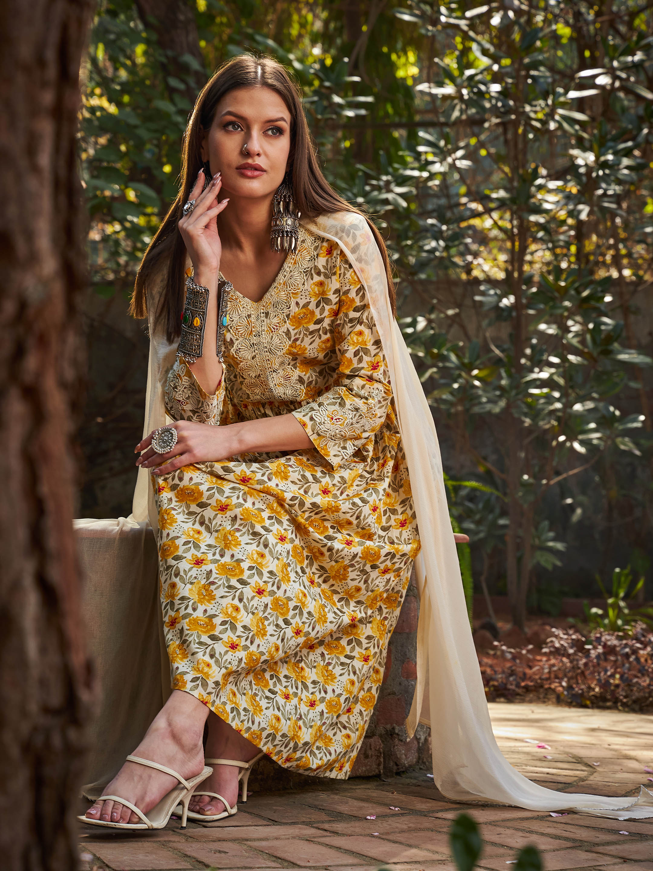 Women Yellow Floral Gathered Kurta With Pencil Pants & Dupatta