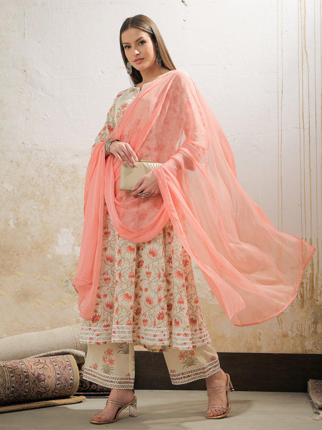 Women Off White & Red Floral Anarkali Kurta With Pencil Pants & Dupatta