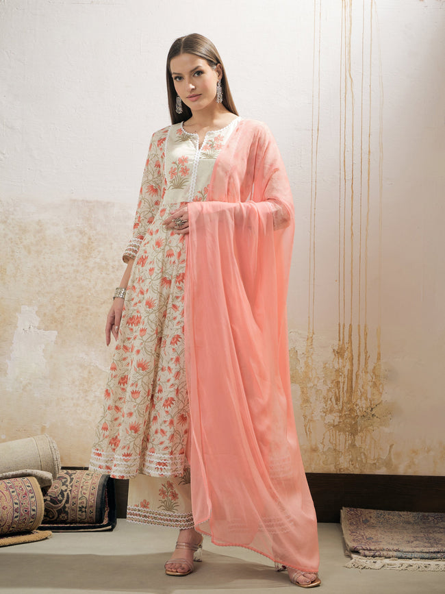 Women Off White & Red Floral Anarkali Kurta With Pencil Pants & Dupatta