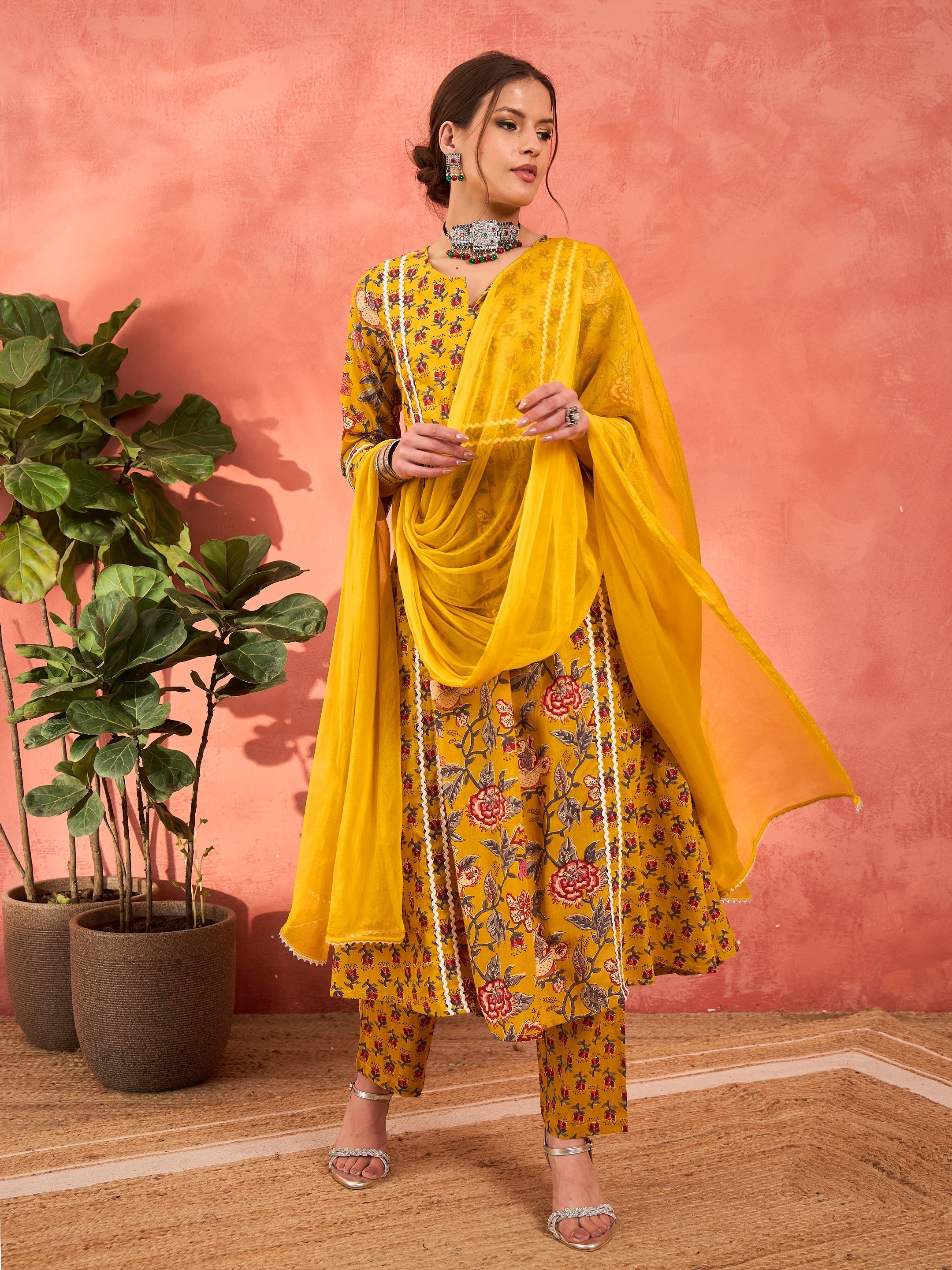 Women Yellow Floral Anarkali Kurta With Pencil Pants & Dupatta
