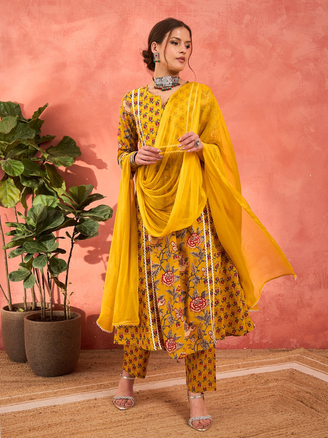 Women Yellow Floral Anarkali Kurta With Pencil Pants & Dupatta