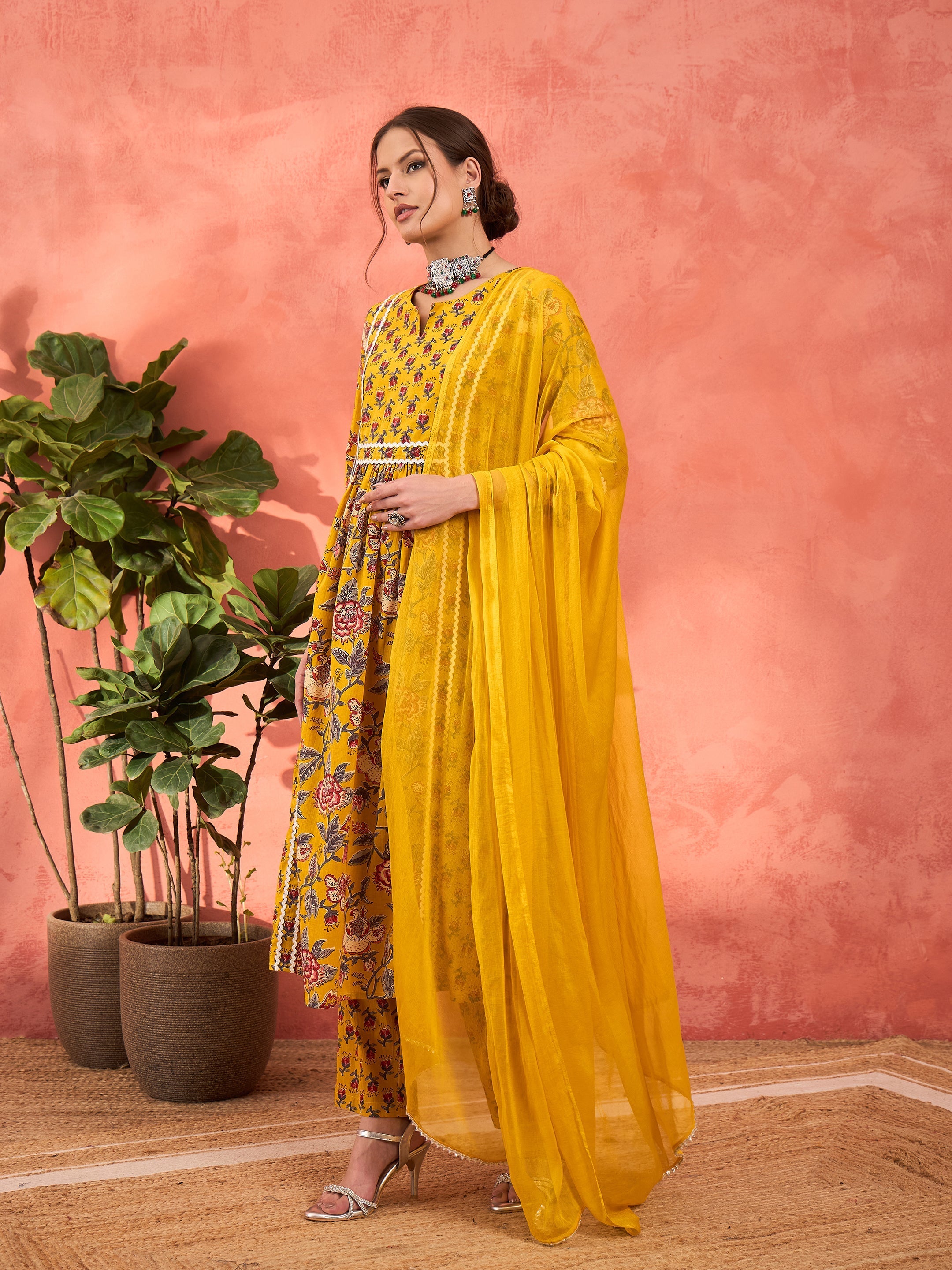 Women Yellow Floral Anarkali Kurta With Pencil Pants & Dupatta