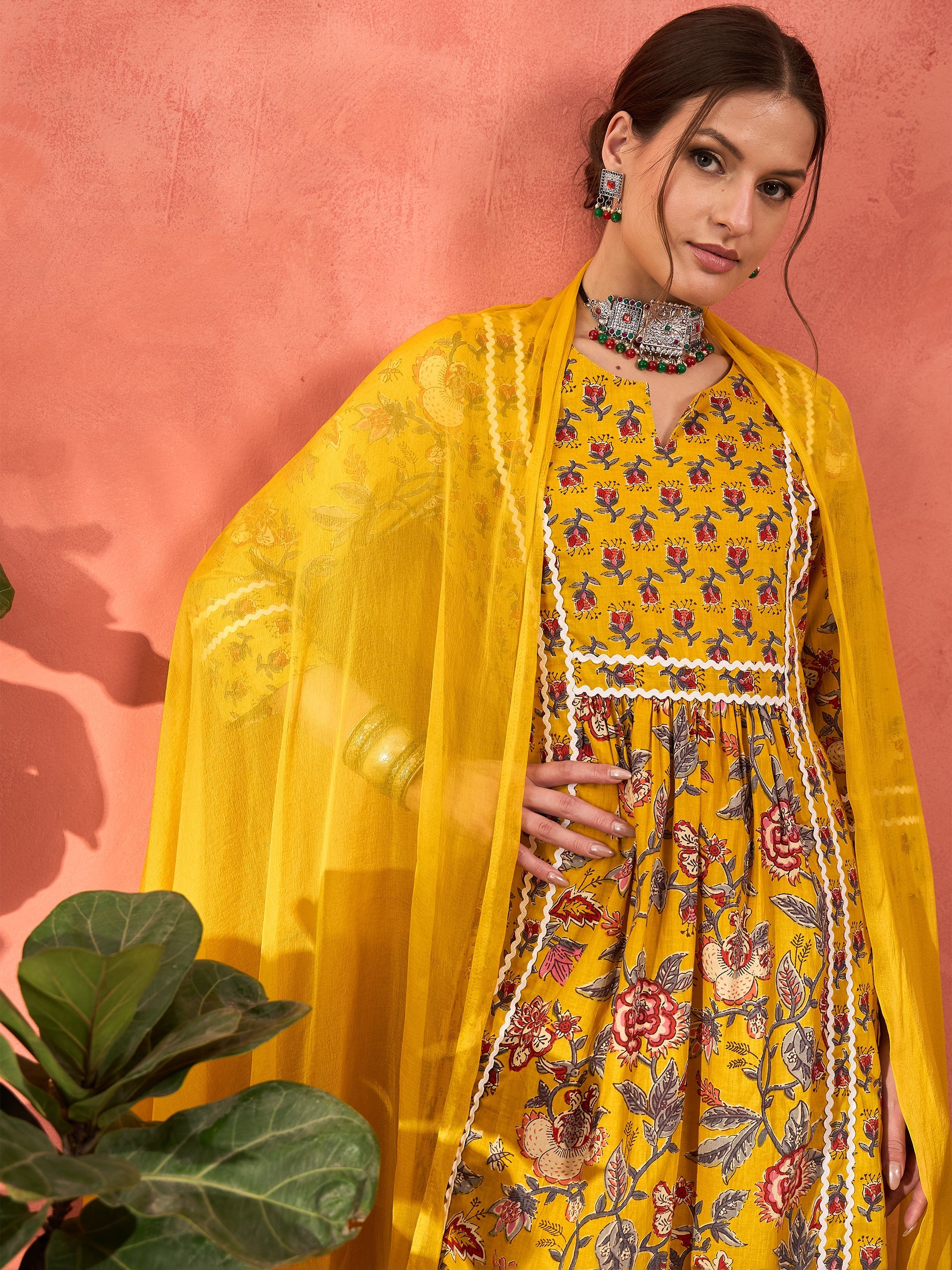 Women Yellow Floral Anarkali Kurta With Pencil Pants & Dupatta