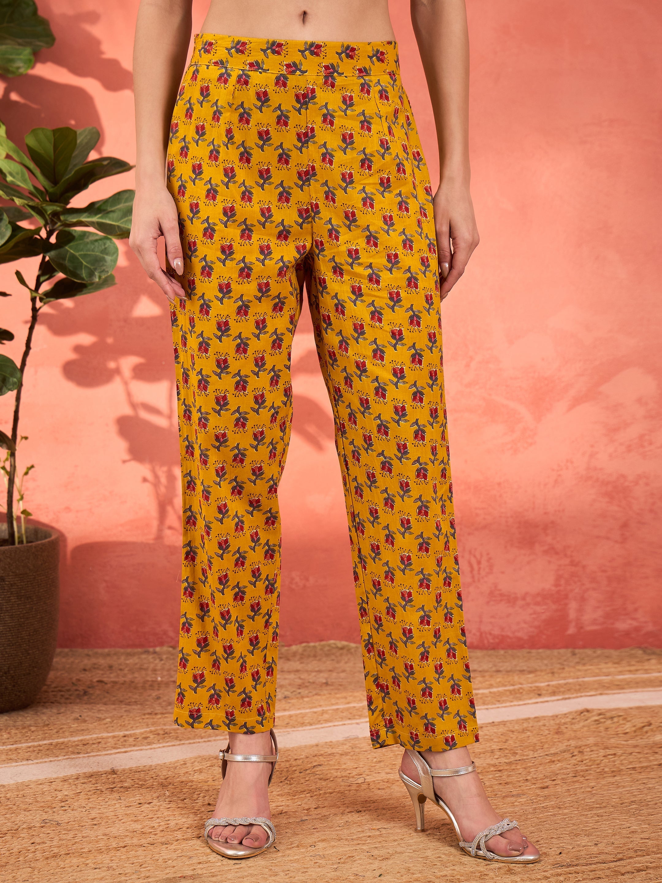 Women Yellow Floral Anarkali Kurta With Pencil Pants & Dupatta